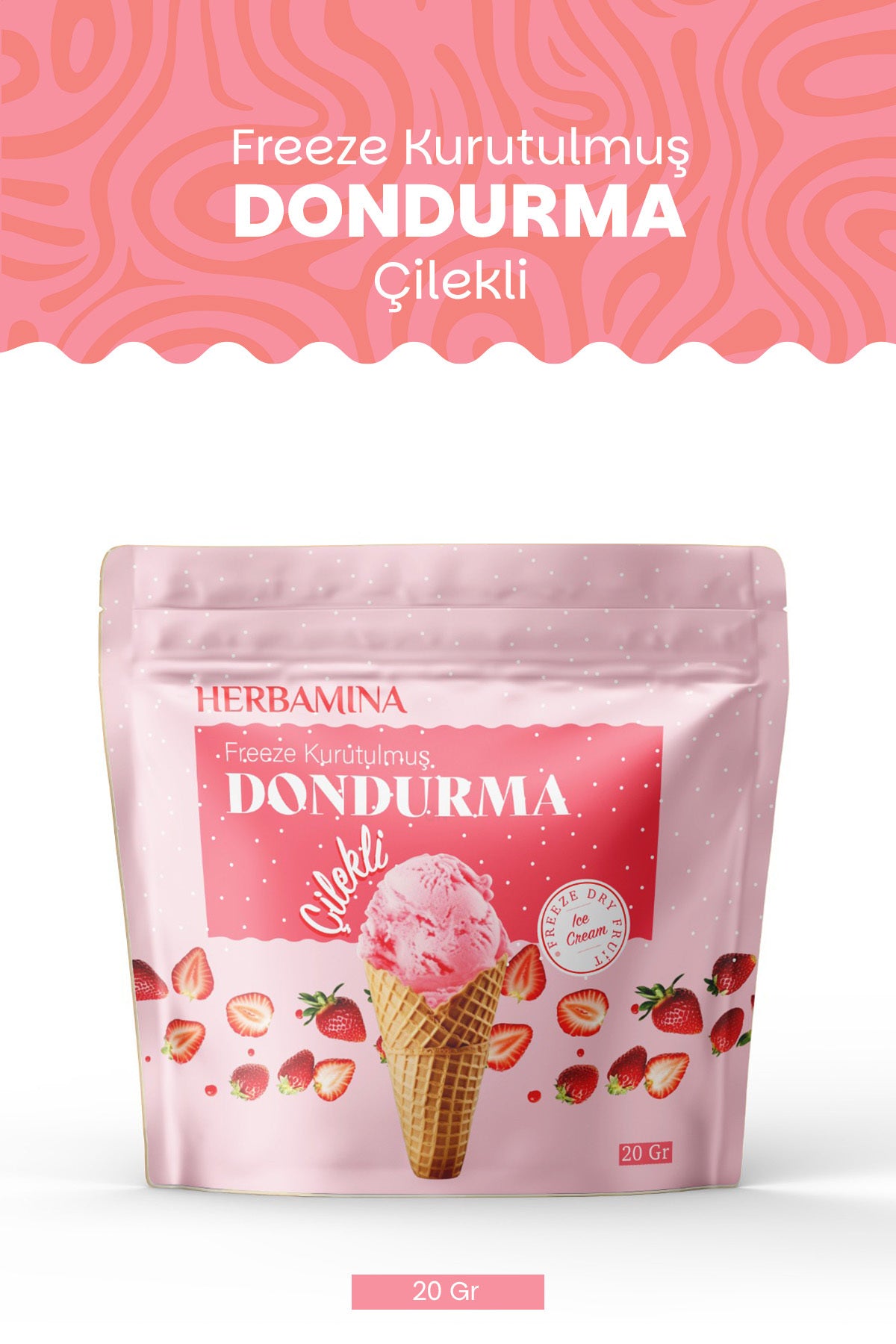Enjoy the fun and flavor of Herbamina Freeze Dried Strawberry Ice Cream, a unique Turkish treat made in Türkiye.