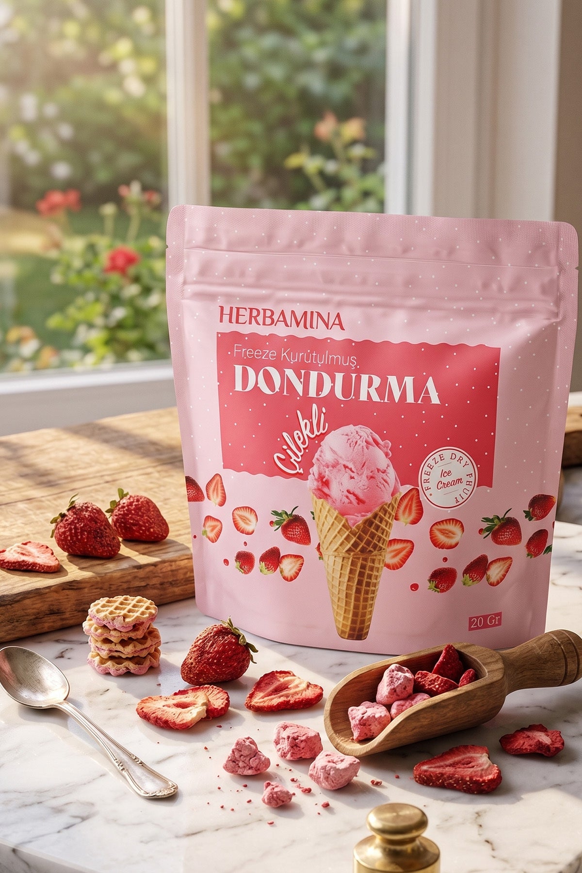 Enjoy the fun and flavor of Herbamina Freeze Dried Strawberry Ice Cream, a unique Turkish treat made in Türkiye.