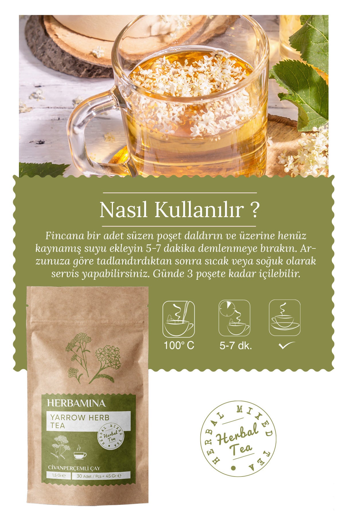 Herbamina Yarrow Herbal Tea Blend – Mixed Botanical Infusion, brings together time-honored Anatolian herbs traditionally valued for their soothing and balancing properties.