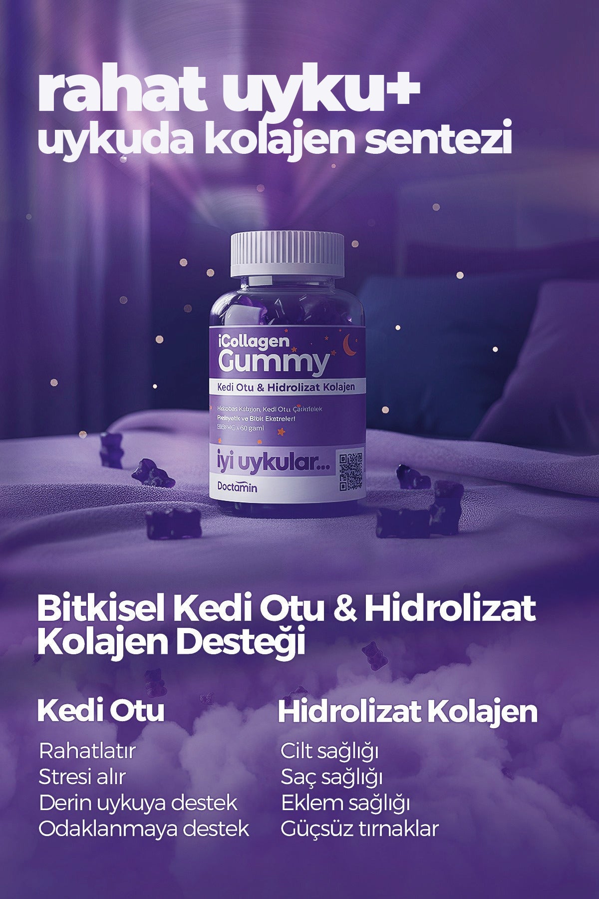 icollagen 5 Types Collagen + Valerian Gummy combines 5 types of hydrolyzed bovine collagen with carefully selected herbal extracts including Valerian (Valeriana officinalis), Passionflower (Passiflora incarnata), Lemon Balm (Melissa officinalis), and Hops