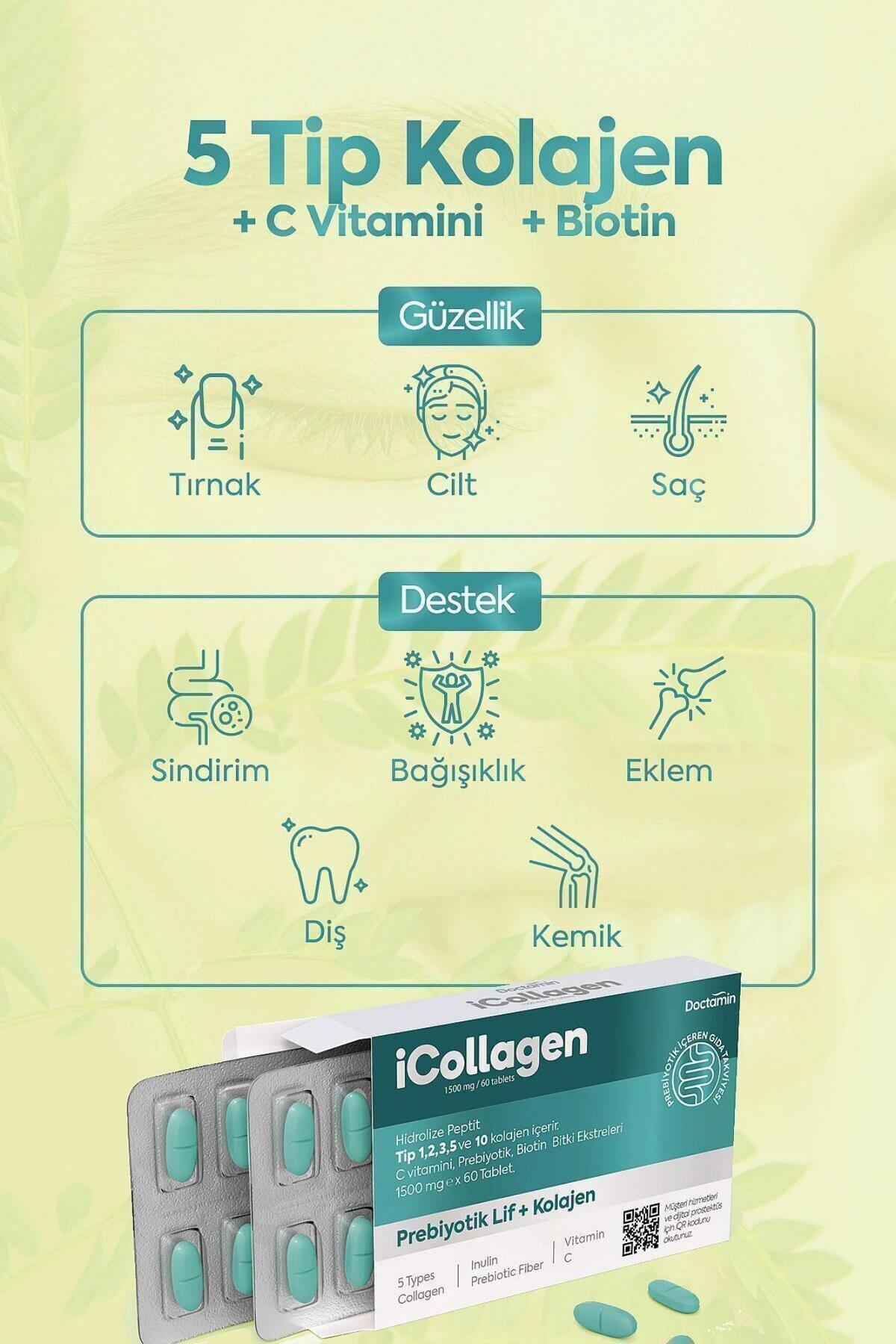 icollagen Collagen and Prebiotic Tablets combine complex bovine collagen (5 types) with prebiotic and probiotic support in a convenient, unflavored tablet form.