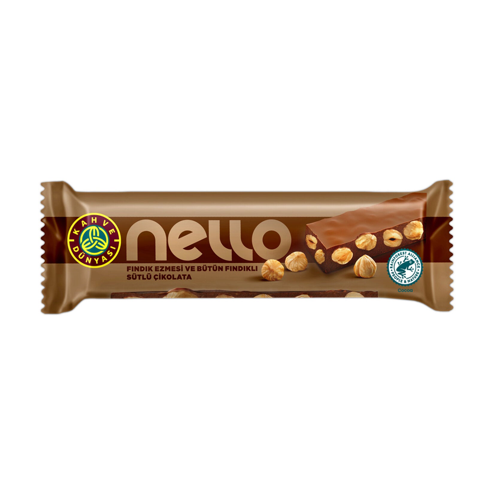 Kahve Dunyasi Nello Hazelnut Cream Milk Chocolate Bar brings the rich, velvety taste of premium milk chocolate blended with a generous hazelnut cream filling.