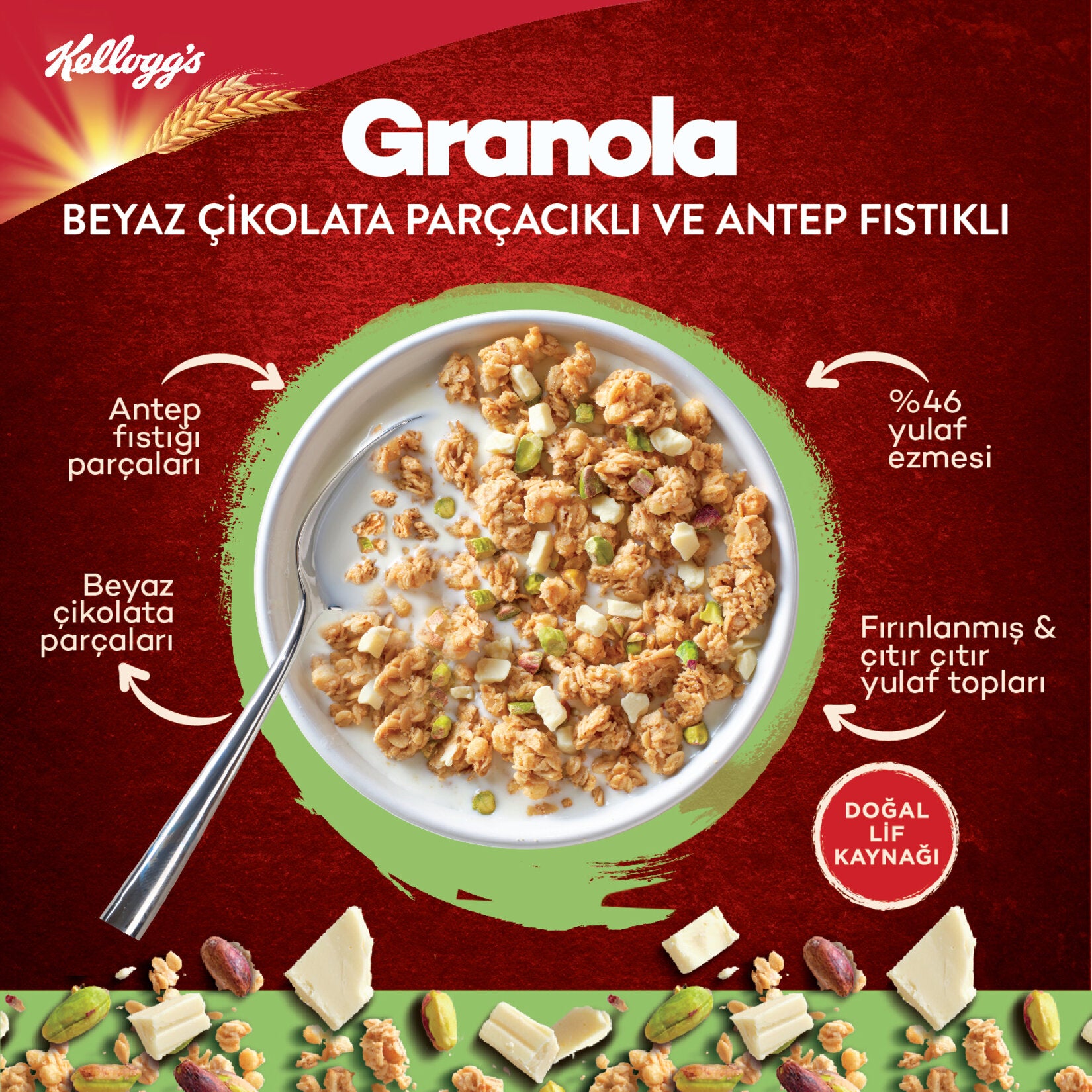 Start your morning with the delicious crunch of Kellogg's Granola White Chocolate Pistachio.