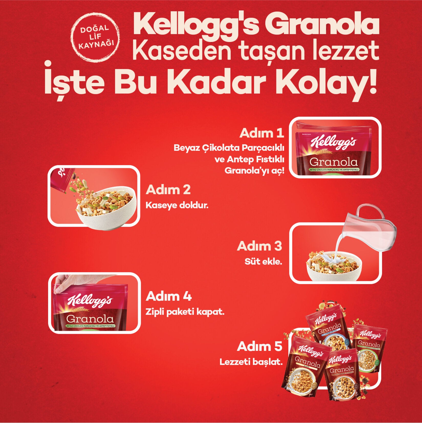 Start your morning with the delicious crunch of Kellogg's Granola White Chocolate Pistachio.