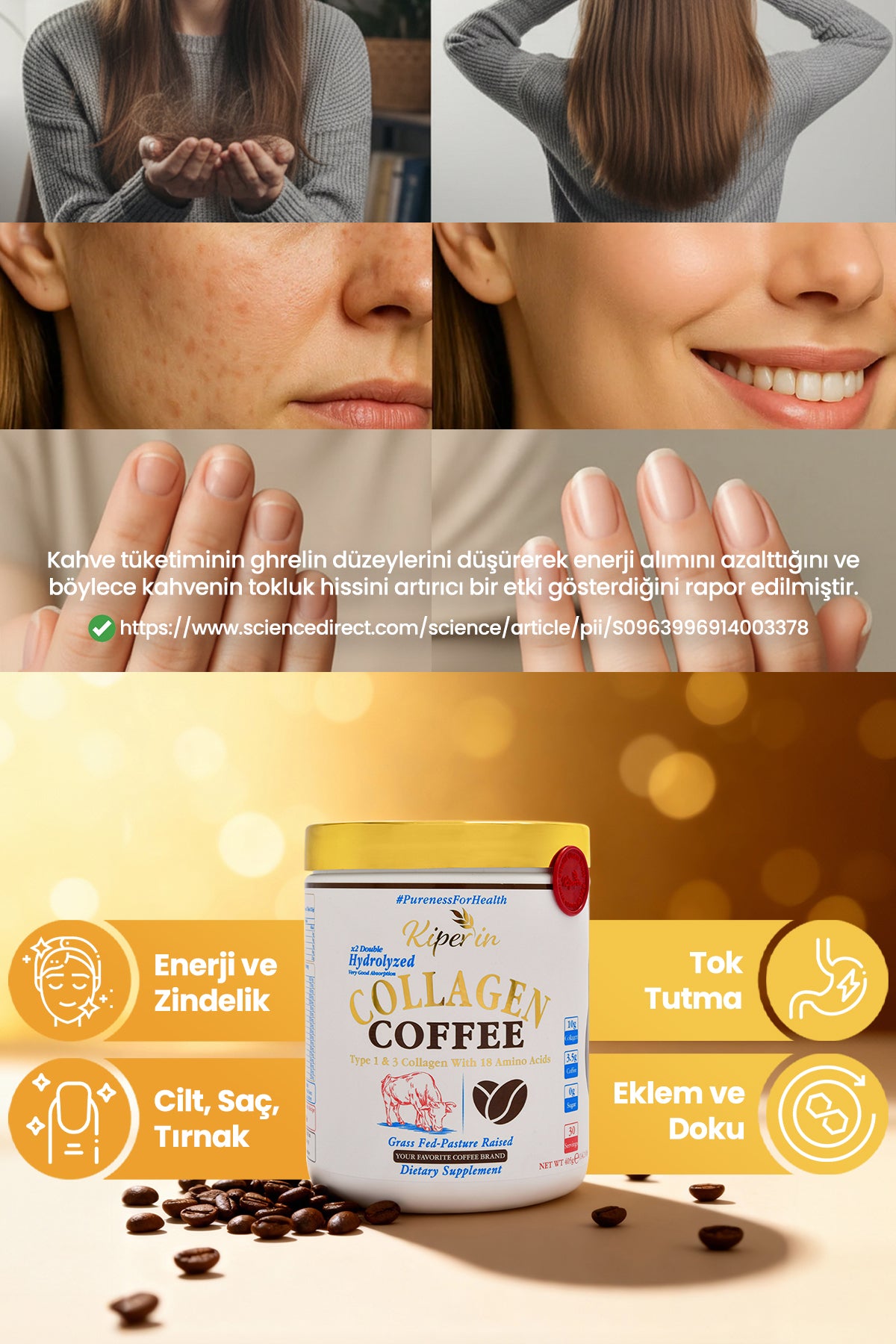 Kiperin Coffee Collagen Powder combines high-quality Type I and Type III Hydrolyzed Collagen Peptides with the natural aroma of coffee for a practical daily routine.