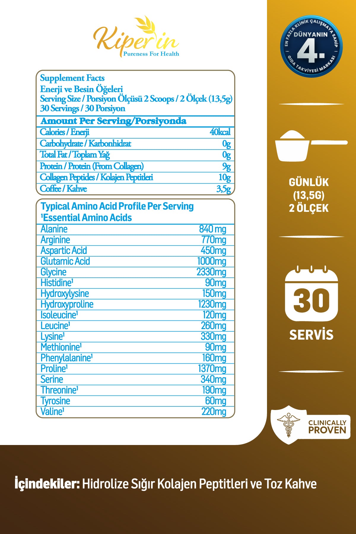 Kiperin Coffee Collagen Powder combines high-quality Type I and Type III Hydrolyzed Collagen Peptides with the natural aroma of coffee for a practical daily routine.