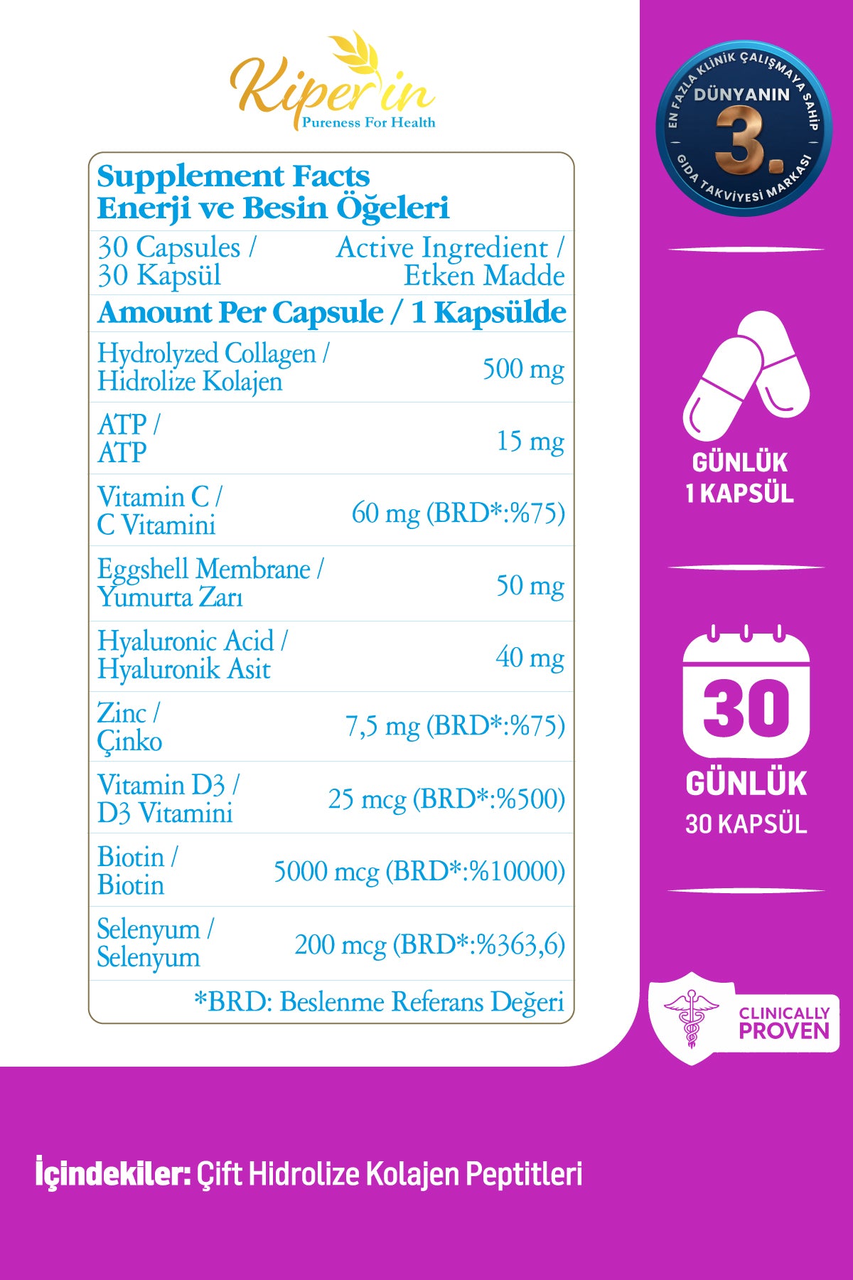 Kiperin Multi Collagen Complex is a comprehensive formula featuring Type I and Type III Hydrolyzed Bovine Collagen Peptides, combined with Hyaluronic Acid, ATP (Adenosine Triphosphate), Biotin (Vitamin B7), Vitamin C (Ascorbic Acid), Vitamin D3 (Cholecalc