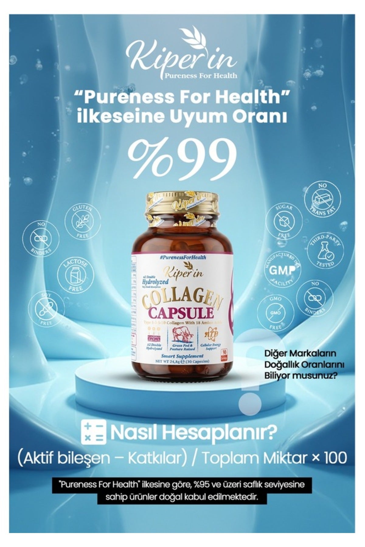 Kiperin Multi Collagen Complex is a comprehensive formula featuring Type I and Type III Hydrolyzed Bovine Collagen Peptides, combined with Hyaluronic Acid, ATP (Adenosine Triphosphate), Biotin (Vitamin B7), Vitamin C (Ascorbic Acid), Vitamin D3 (Cholecalc