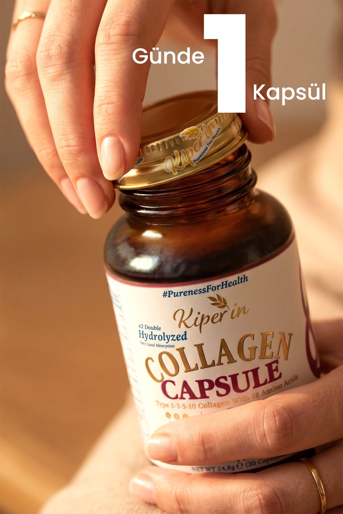 Kiperin Multi Collagen Complex is a comprehensive formula featuring Type I and Type III Hydrolyzed Bovine Collagen Peptides, combined with Hyaluronic Acid, ATP (Adenosine Triphosphate), Biotin (Vitamin B7), Vitamin C (Ascorbic Acid), Vitamin D3 (Cholecalc