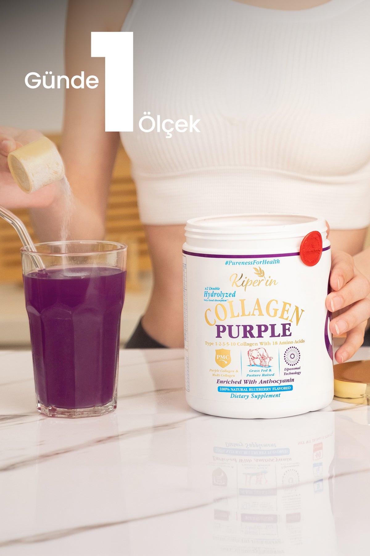 Kiperin Multi Collagen Peptides Powder is a liposomal dietary supplement formulated with 100% pure and natural purple multi-type collagen peptides.