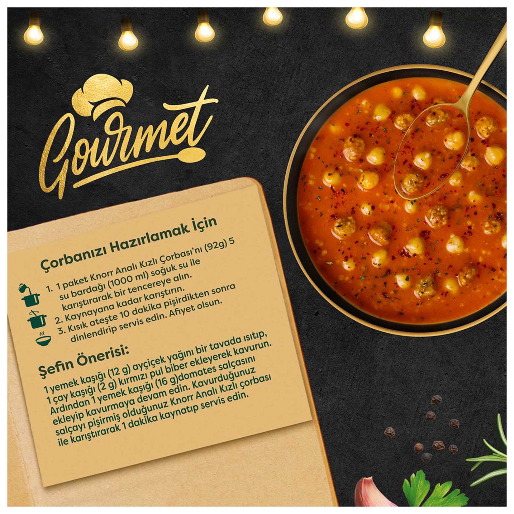 Bring the rich flavors of Turkish home-style cuisine to your table with Knorr Gourmet Anali Kizli Soup.