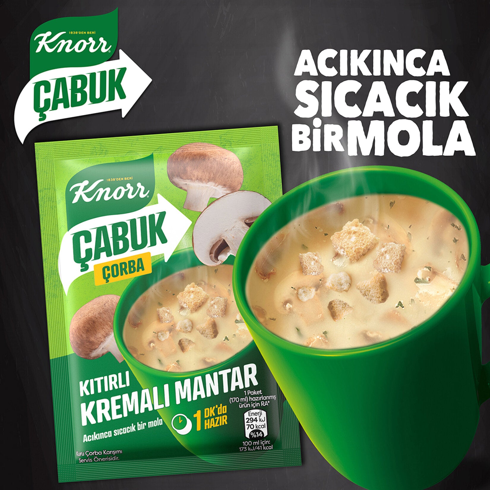 Knorr Cabuk Corba Kitirli Kremali Mantar is a quick and satisfying creamy mushroom soup with crunchy croutons, perfect for busy days when you want something warm and comforting in minutes.