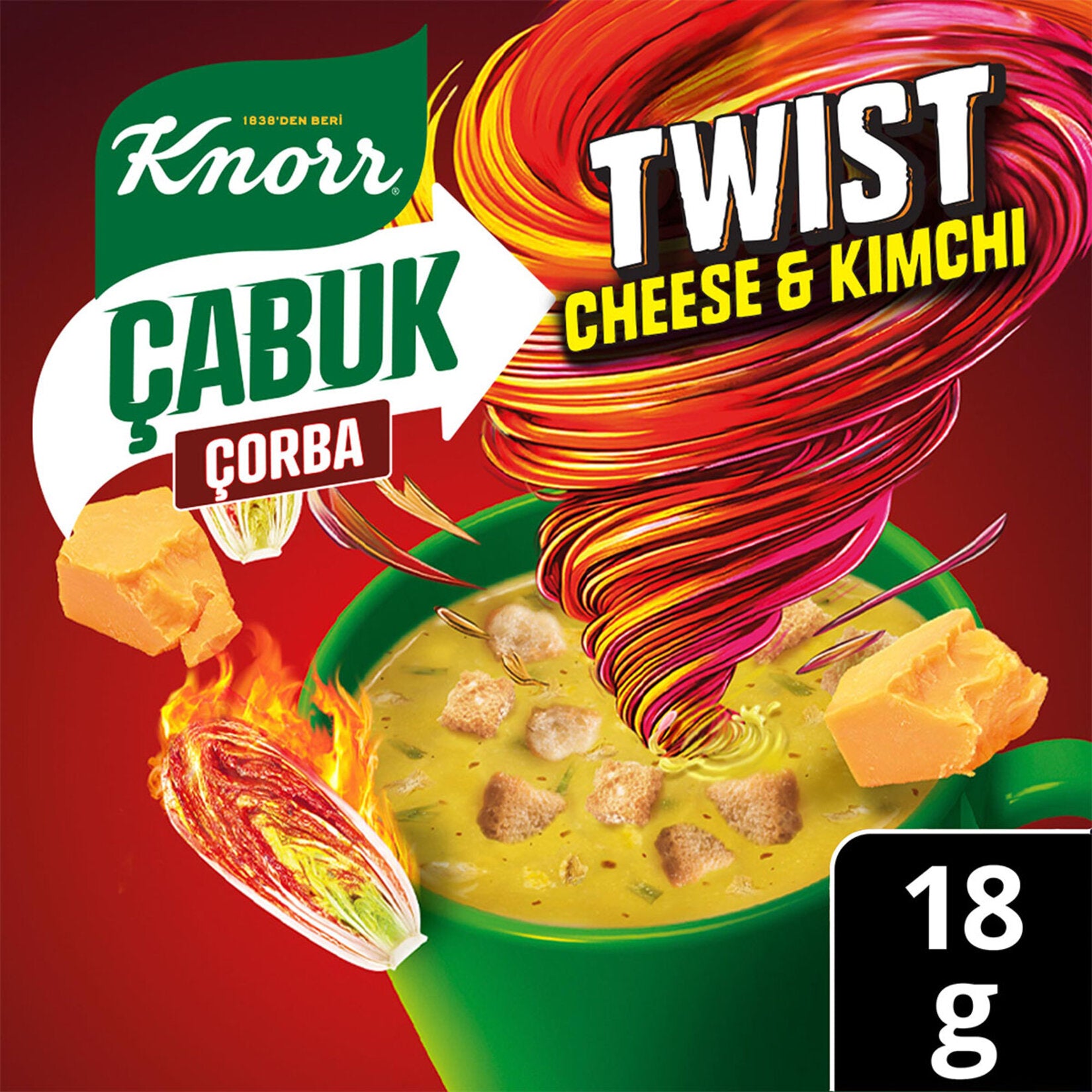 Knorr Cabuk Corba Twist Cheese Kimchi Instant Soup brings together creamy cheese, spicy red pepper, and tangy cabbage in a convenient single-serve cup.
