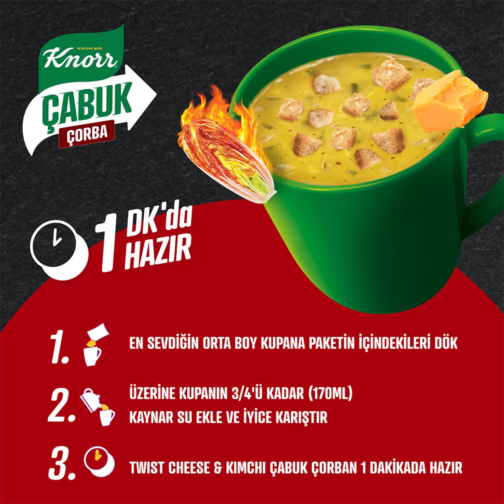 Knorr Cabuk Corba Twist Cheese Kimchi Instant Soup brings together creamy cheese, spicy red pepper, and tangy cabbage in a convenient single-serve cup.