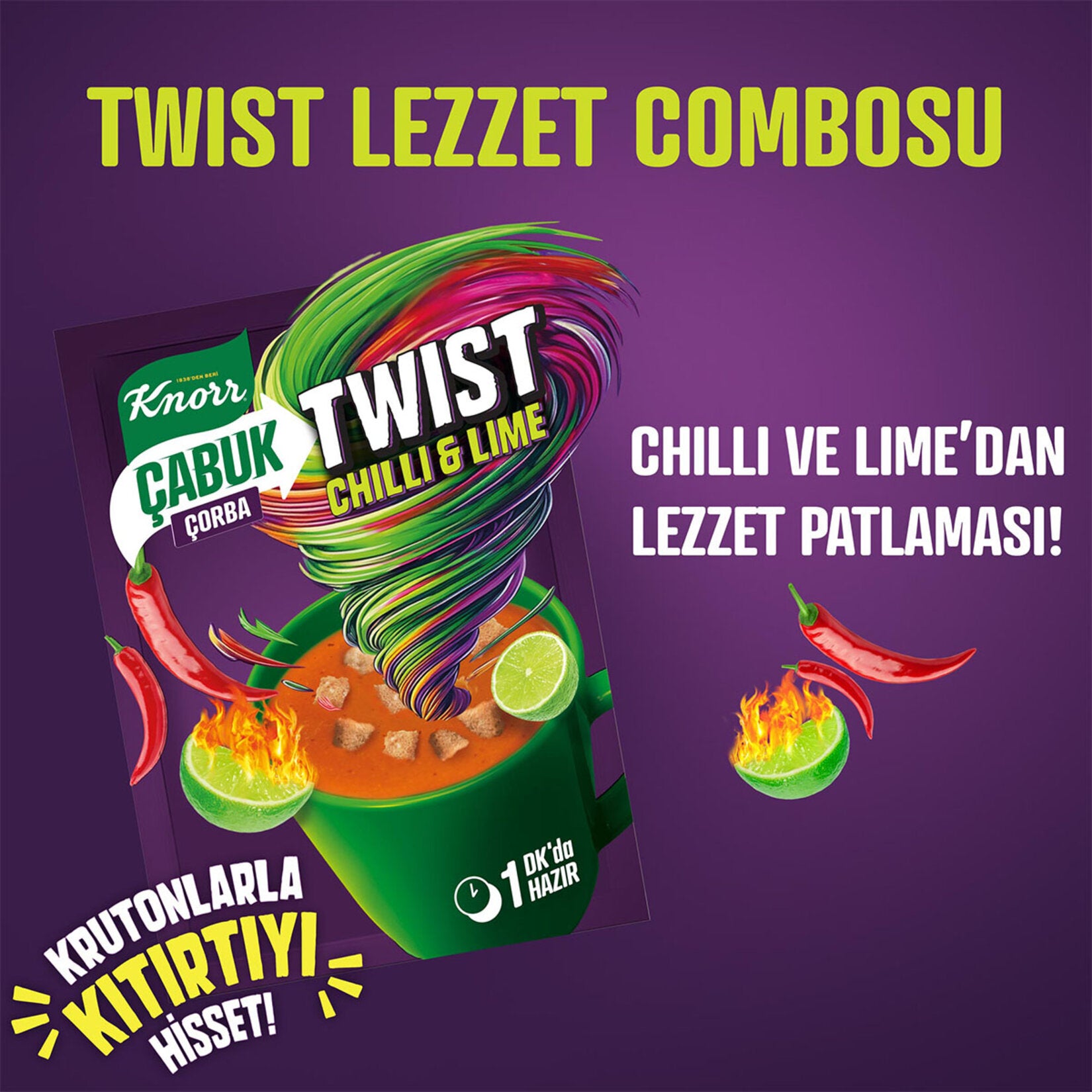 Knorr Cabuk Corba Twist Chilli Lime Instant Soup brings a bold fusion of spicy red pepper and refreshing lime to your cup in minutes.