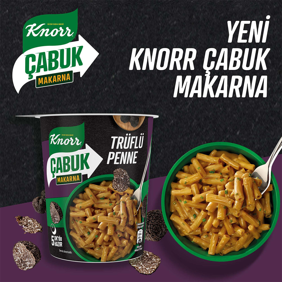 Experience the rich and earthy flavor of truffle in a quick and easy meal with Knorr Truffle Penne Instant Pasta Cup.