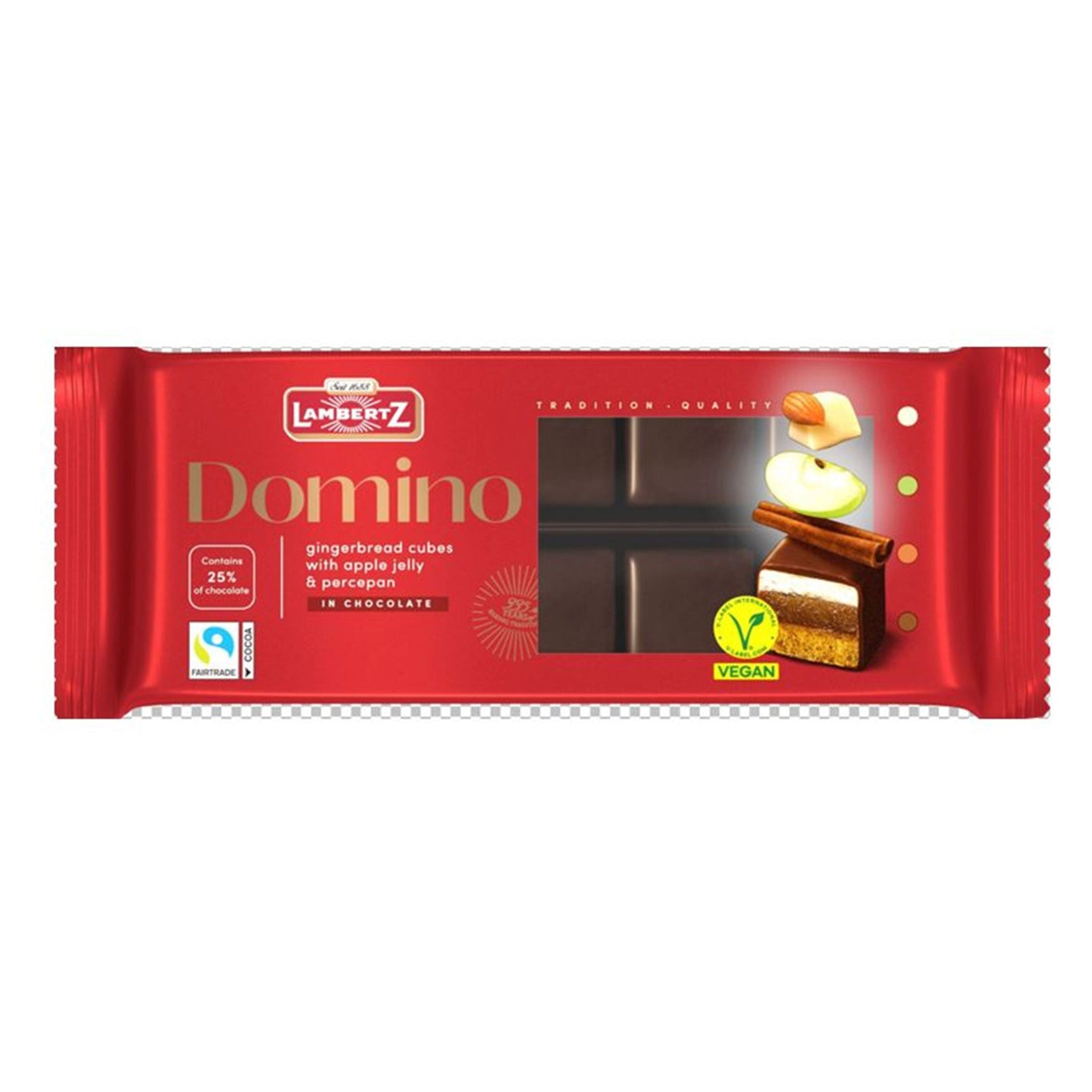 Discover the unique taste of Lambertz Domino Apple Jelly & Ginger Cubes, a delightful treat combining rich dark chocolate, fruity apple jelly, and warm ginger spice.