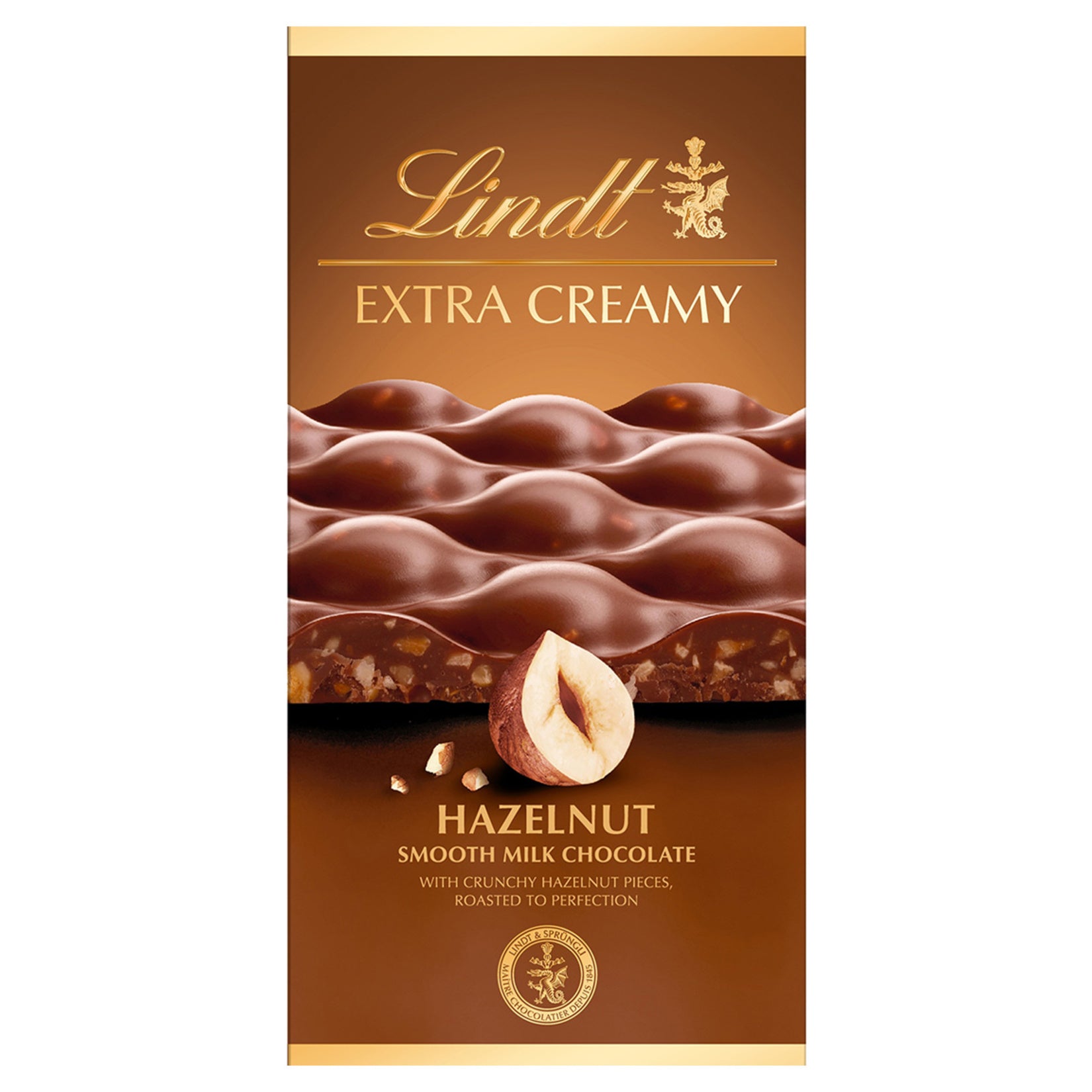 Lindt Extra Creamy Hazelnut Smooth Milk Chocolate brings you the luxurious taste of Swiss chocolate with a rich, velvety texture and 16% crunchy hazelnuts in every bite.