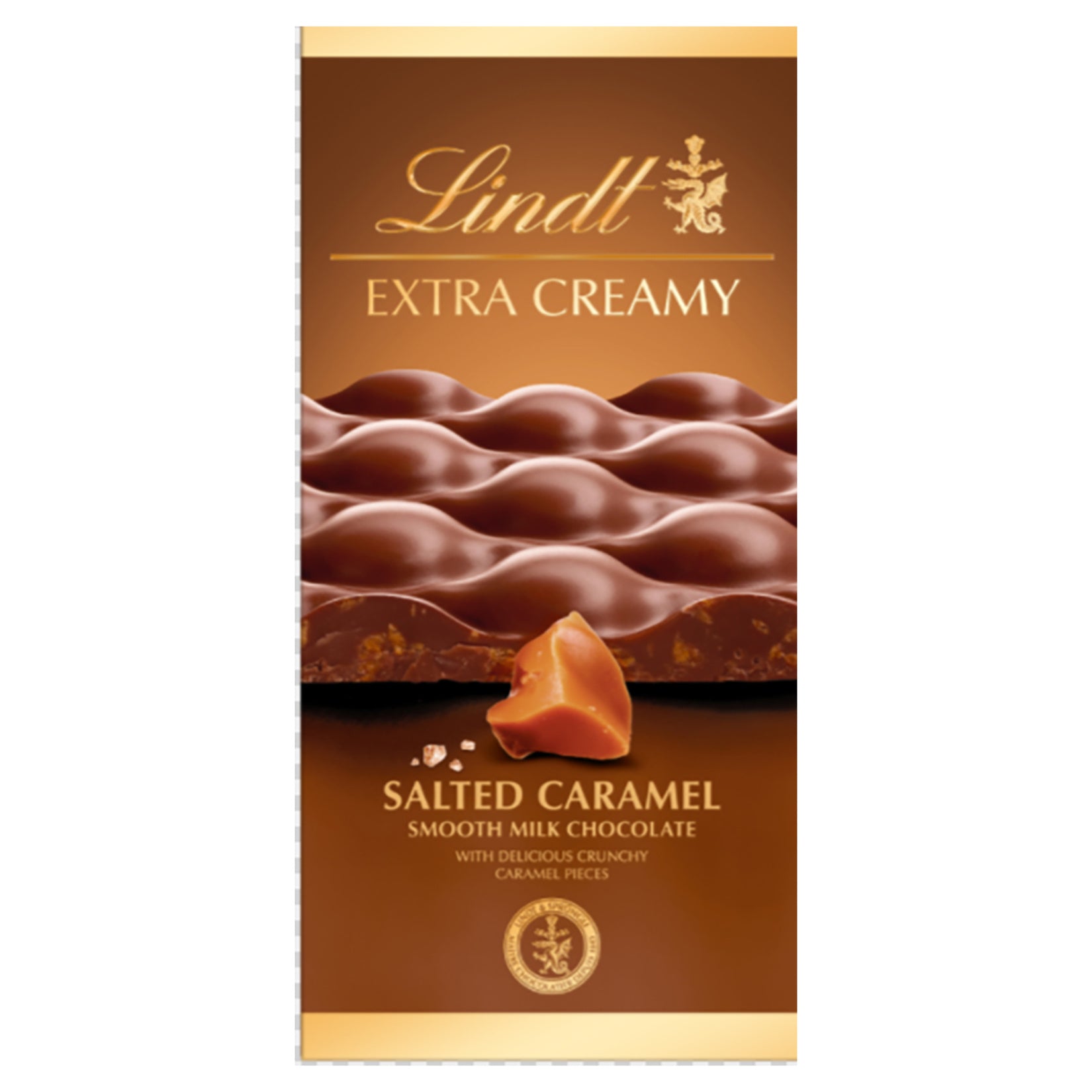 Lindt Extra Creamy Milk Salted Caramel Chocolate delivers a rich and velvety milk chocolate experience, elevated with crunchy caramel pieces and a hint of sea salt.