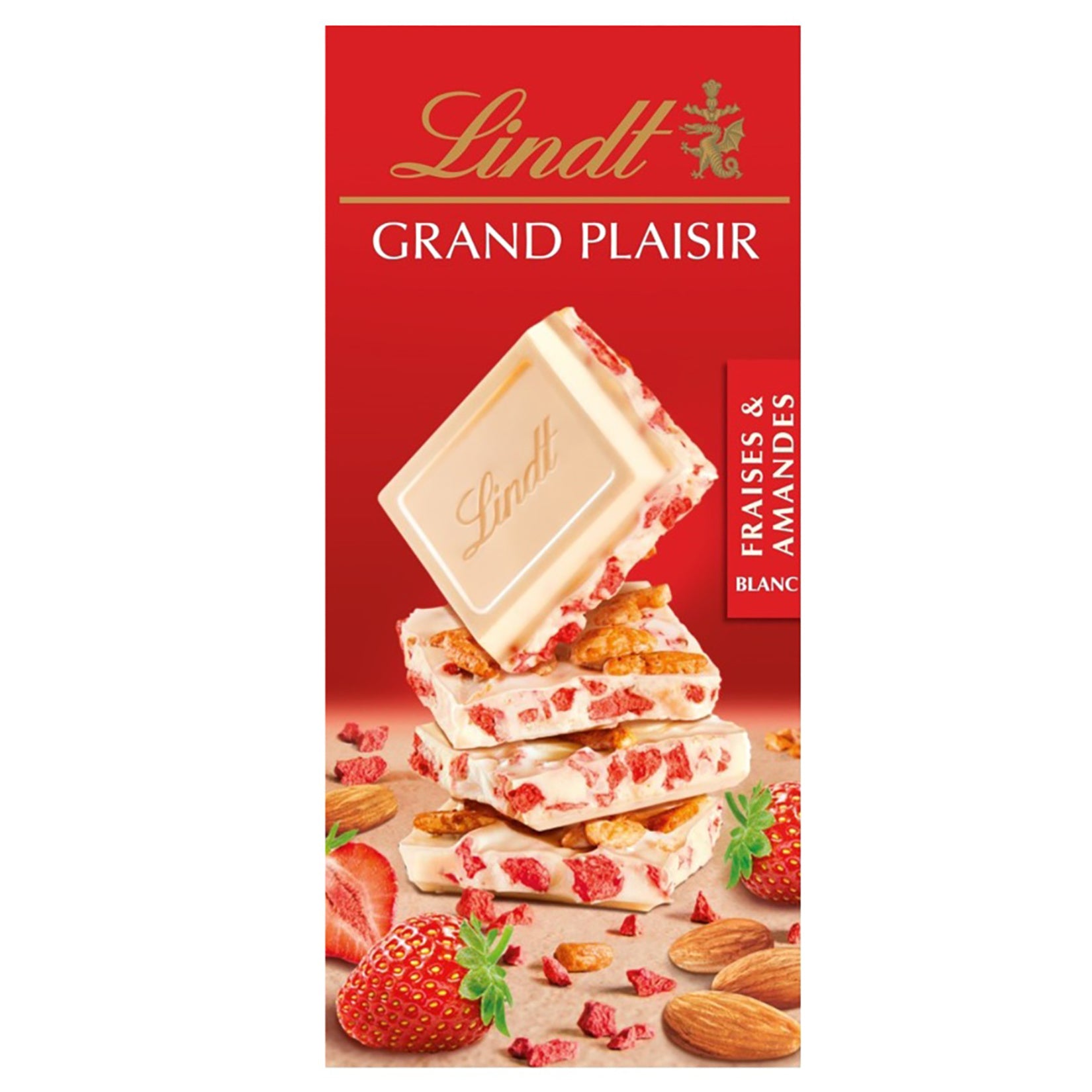 Experience the luxurious taste of Lindt White Chocolate with Almond and Crispy Strawberry.