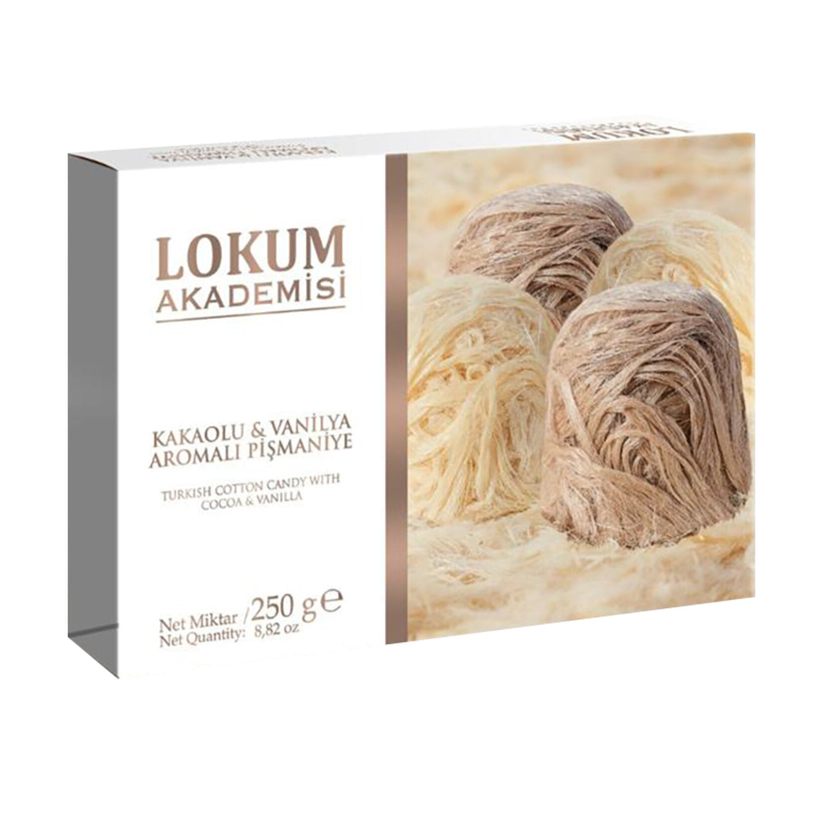 Experience the delicate texture and rich flavor of Lokum Akademisi Cocoa Vanilla Flavored Pismaniye, a traditional Turkish sweet treat made with fine sugar threads and infused with cocoa and natural vanilla aroma.