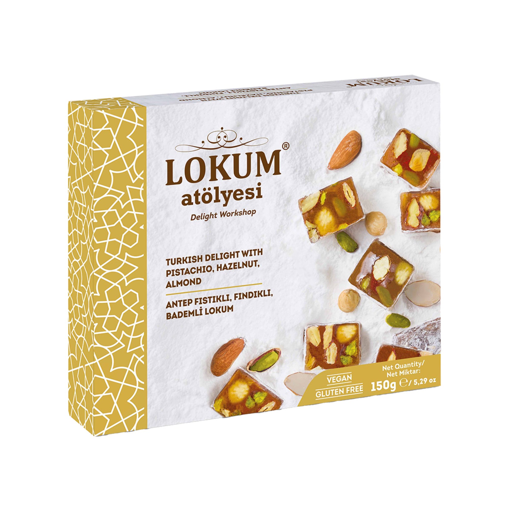 Experience the rich, nutty flavors of Lokum Atölyesi Pistachio Hazelnut Almond Turkish Delight, a premium treat crafted in Türkiye.