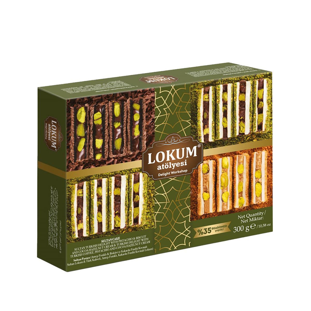 Lokum Atolyesi Sultan Pastasi is a rich and decadent Turkish delight featuring layers of pistachio, biscuit, cacao hazelnut cream, and Turkish coffee flavors.