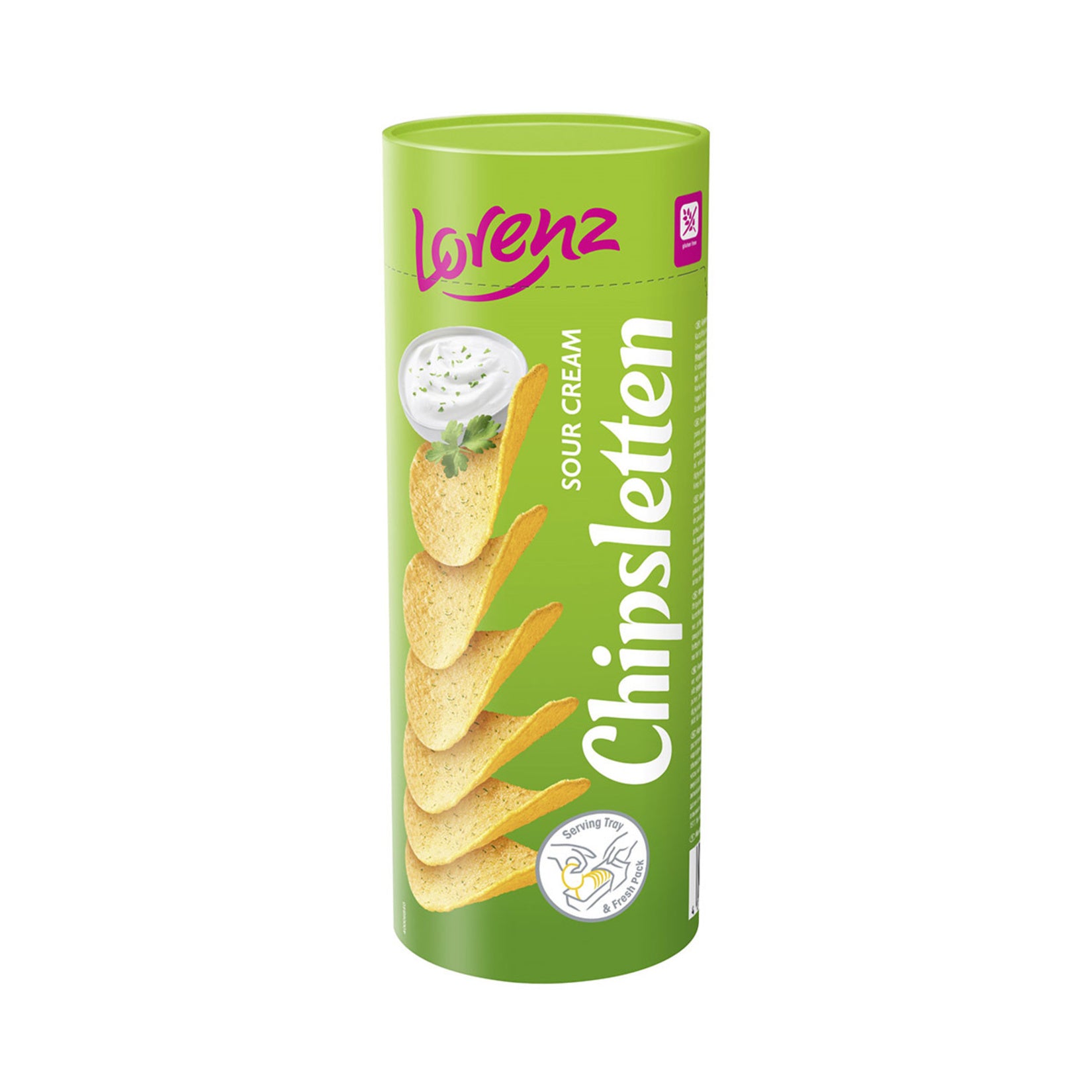 Enjoy the bold, creamy taste of Lorenz Sour Cream Flavored Potato Chips, made with real potato powder and seasoned with a rich blend of sour cream, cheese, chives, and herbs.