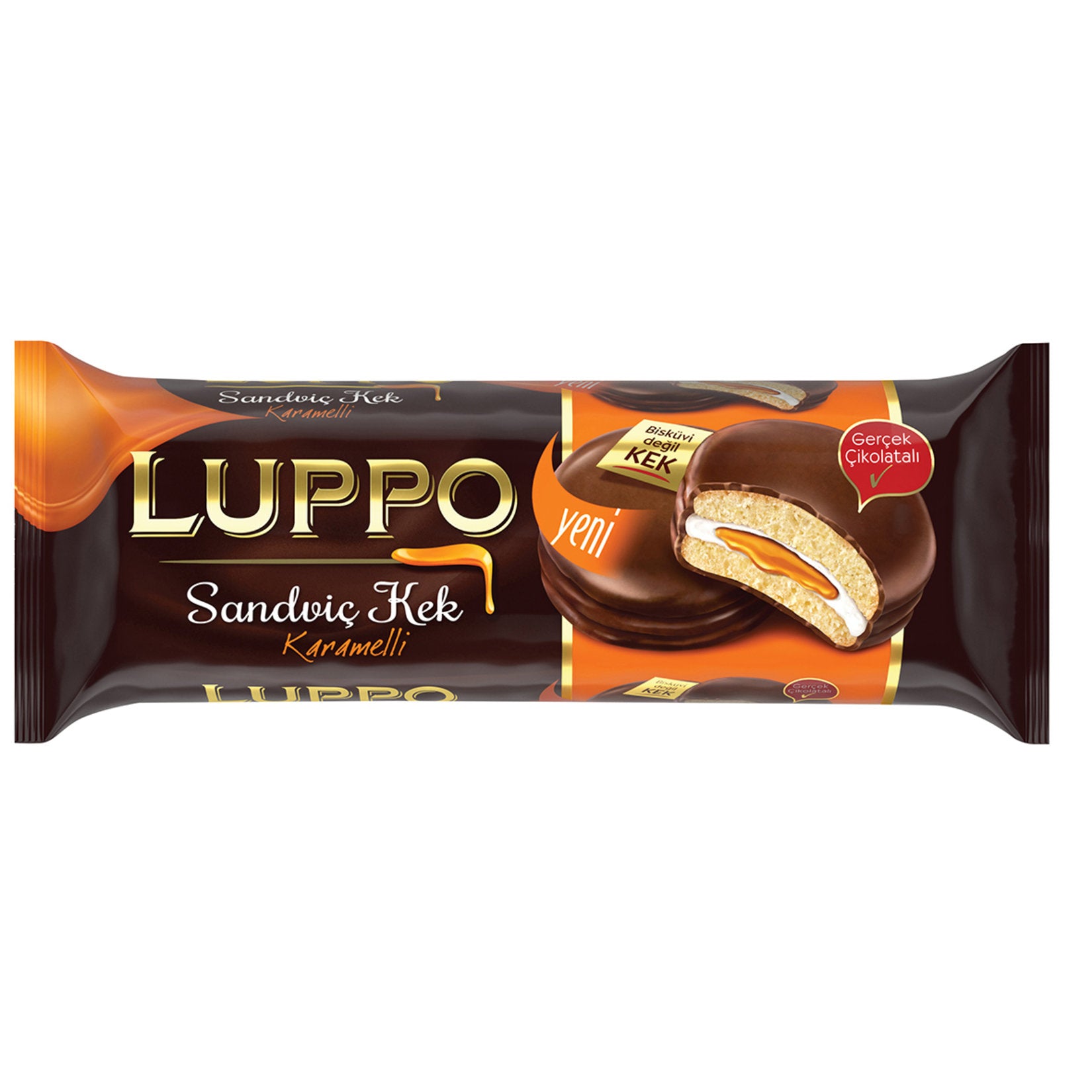 Luppo Sandwich Cake Caramel is a deliciously layered treat combining soft sponge cake, fluffy marshmallow, and rich caramel, all coated in a smooth chocolate shell.