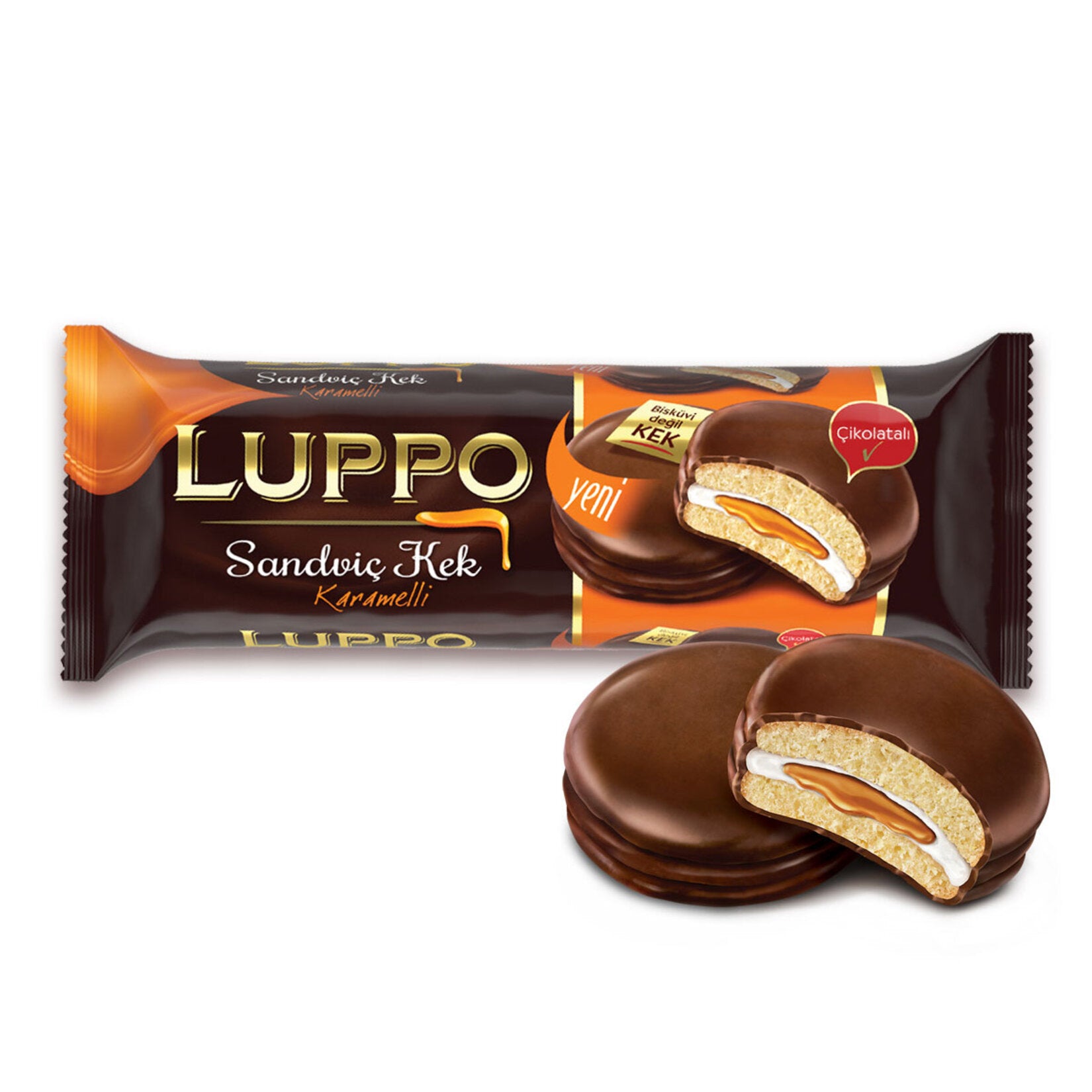 Luppo Sandwich Cake Caramel is a deliciously layered treat combining soft sponge cake, fluffy marshmallow, and rich caramel, all coated in a smooth chocolate shell.