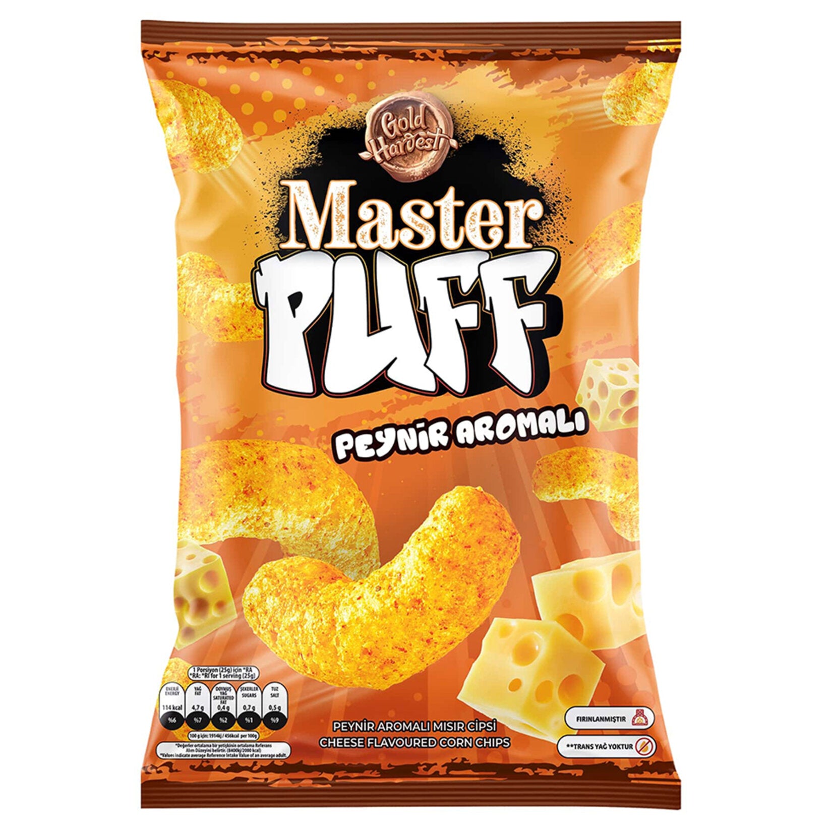 Master Nut Puff Cheese Flavored Corn Snack brings the bold, savory taste of Turkish-style cheese seasoning to your snack time.