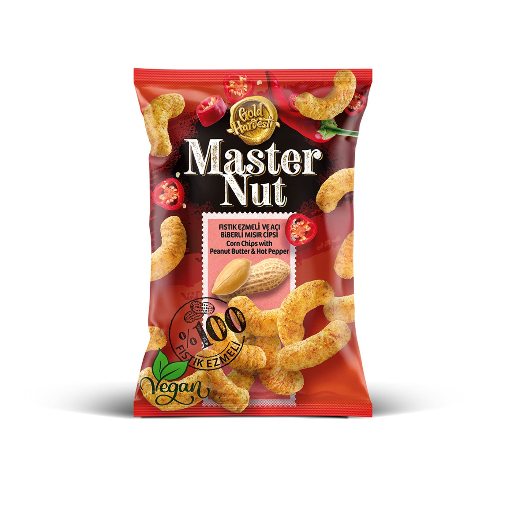 Master Nut Spicy Peanut Butter Corn Chips bring a bold fusion of flavors to your snack time.