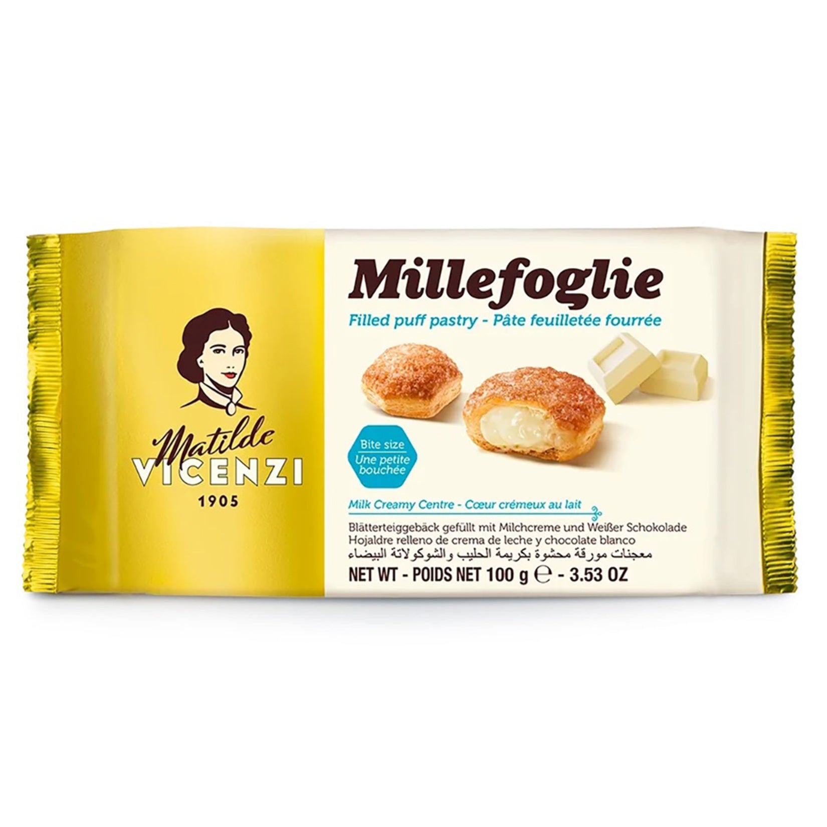 Matilde Vicenzi White Chocolate Caramel Puff Pastry blends rich, creamy milk caramel with delicate layers of flaky puff pastry, all coated in smooth white chocolate.