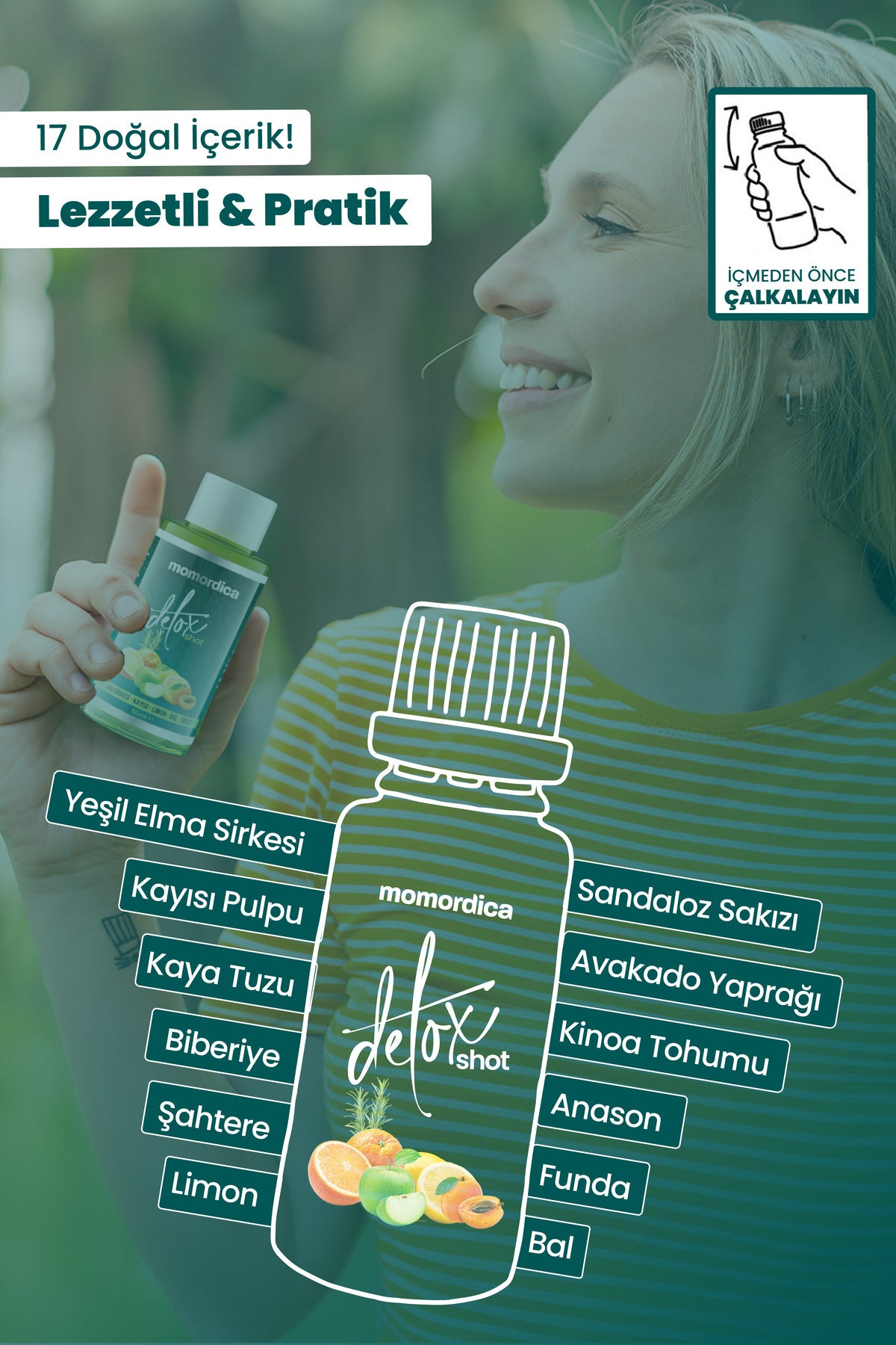 MOMORDICA DetoxMix Shot is a convenient liquid herbal blend formulated with Green Apple Vinegar, fruit extracts, and traditional botanical ingredients.