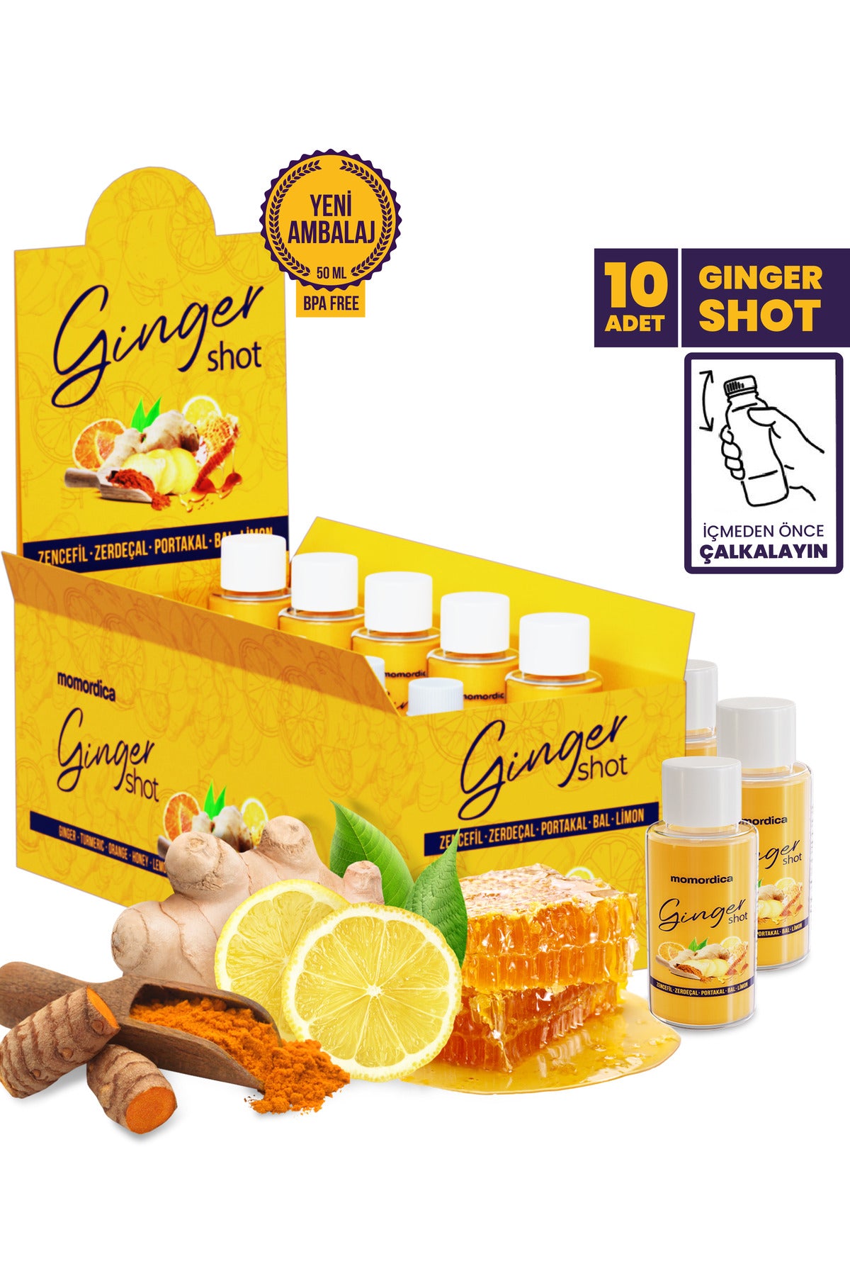 MOMORDICA Ginger Shot is a convenient liquid blend featuring Ginger (Zingiber officinale), Turmeric (Curcuma longa), Orange, Lemon, Honey, and Black Pepper (Piper nigrum).
