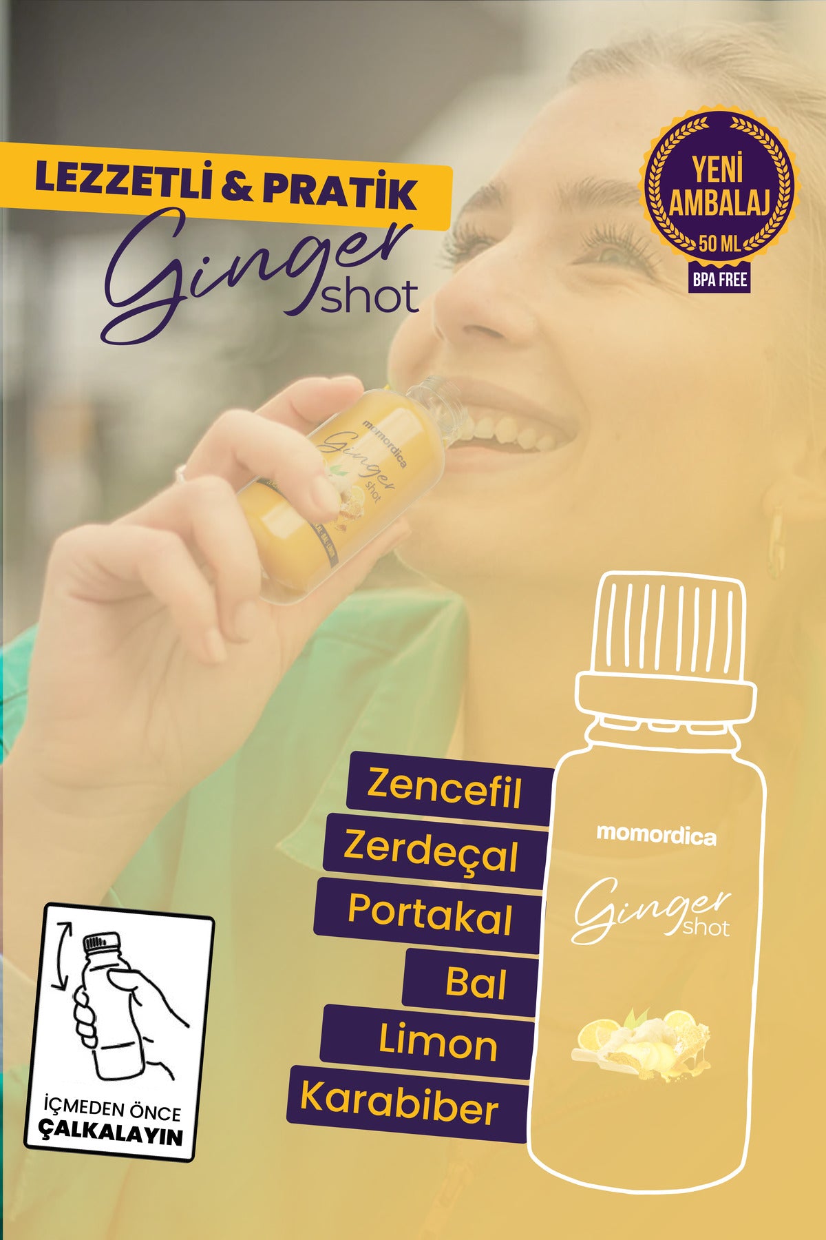 MOMORDICA Ginger Shot is a convenient liquid blend featuring Ginger (Zingiber officinale), Turmeric (Curcuma longa), Orange, Lemon, Honey, and Black Pepper (Piper nigrum).