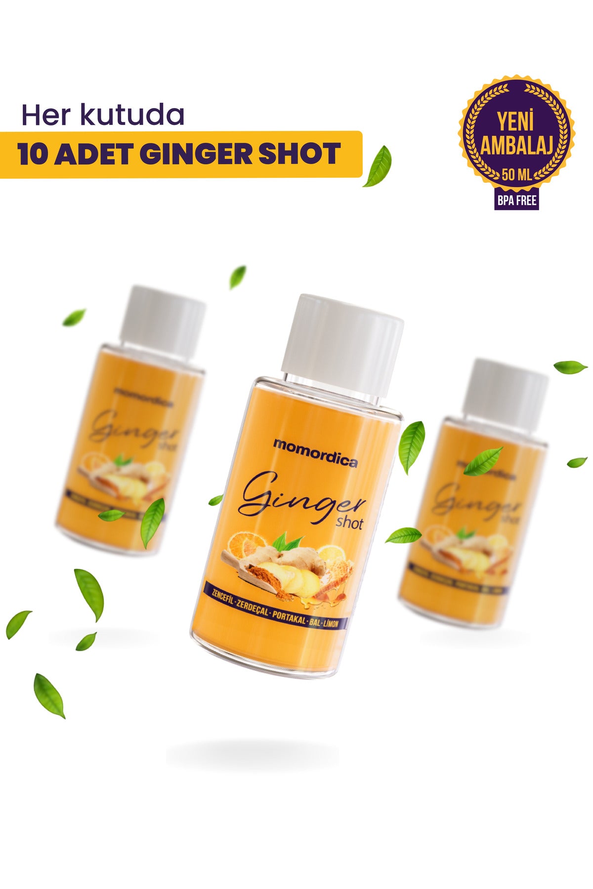 MOMORDICA Ginger Shot is a convenient liquid blend featuring Ginger (Zingiber officinale), Turmeric (Curcuma longa), Orange, Lemon, Honey, and Black Pepper (Piper nigrum).