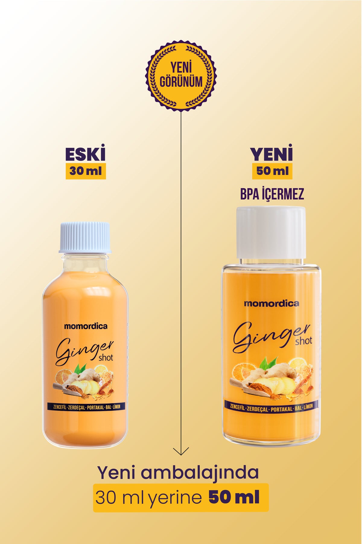 MOMORDICA Ginger Shot is a convenient liquid blend featuring Ginger (Zingiber officinale), Turmeric (Curcuma longa), Orange, Lemon, Honey, and Black Pepper (Piper nigrum).