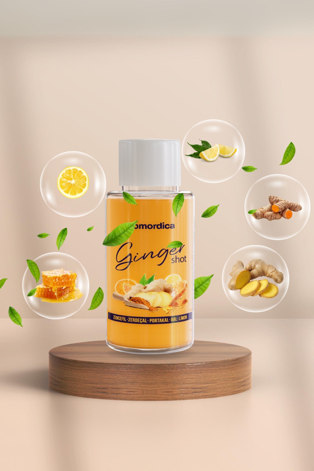 MOMORDICA Ginger Shot is a convenient liquid blend featuring Ginger (Zingiber officinale), Turmeric (Curcuma longa), Orange, Lemon, Honey, and Black Pepper (Piper nigrum).
