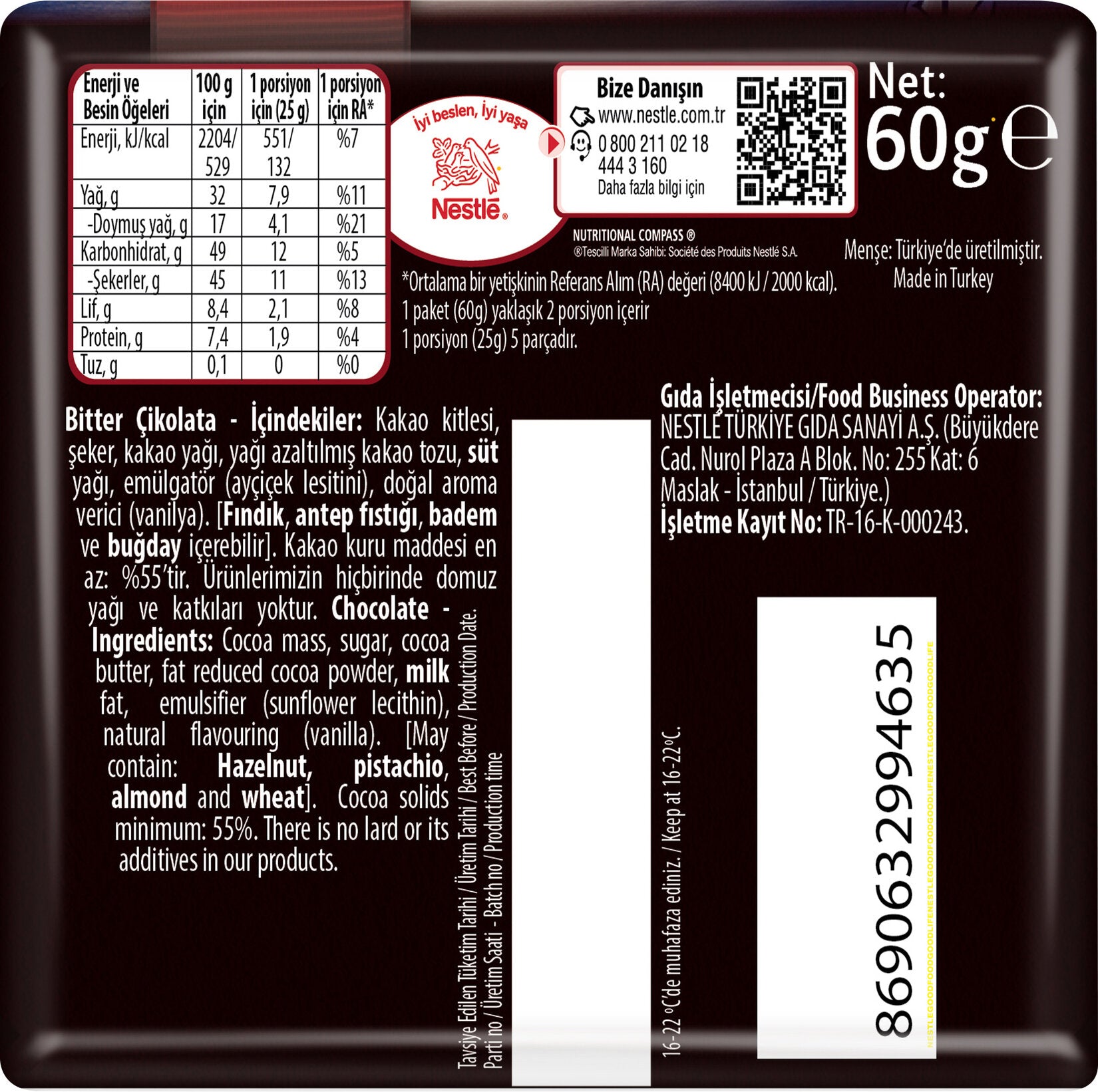 Nestle chocolate bar packaging with nutritional information and ingredients list.