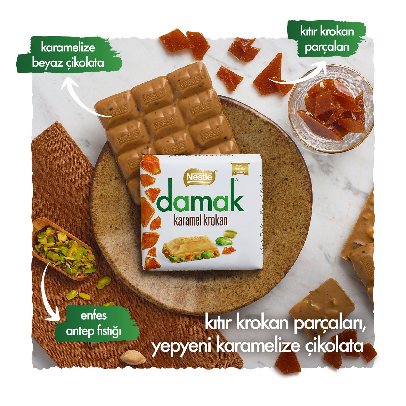 Nestle Damak Caramel Croquant Pistachio White Chocolate Bar combines the rich, creamy taste of caramelized white chocolate with the crunch of buttery croquant and the nutty flavor of premium Antep pistachios.