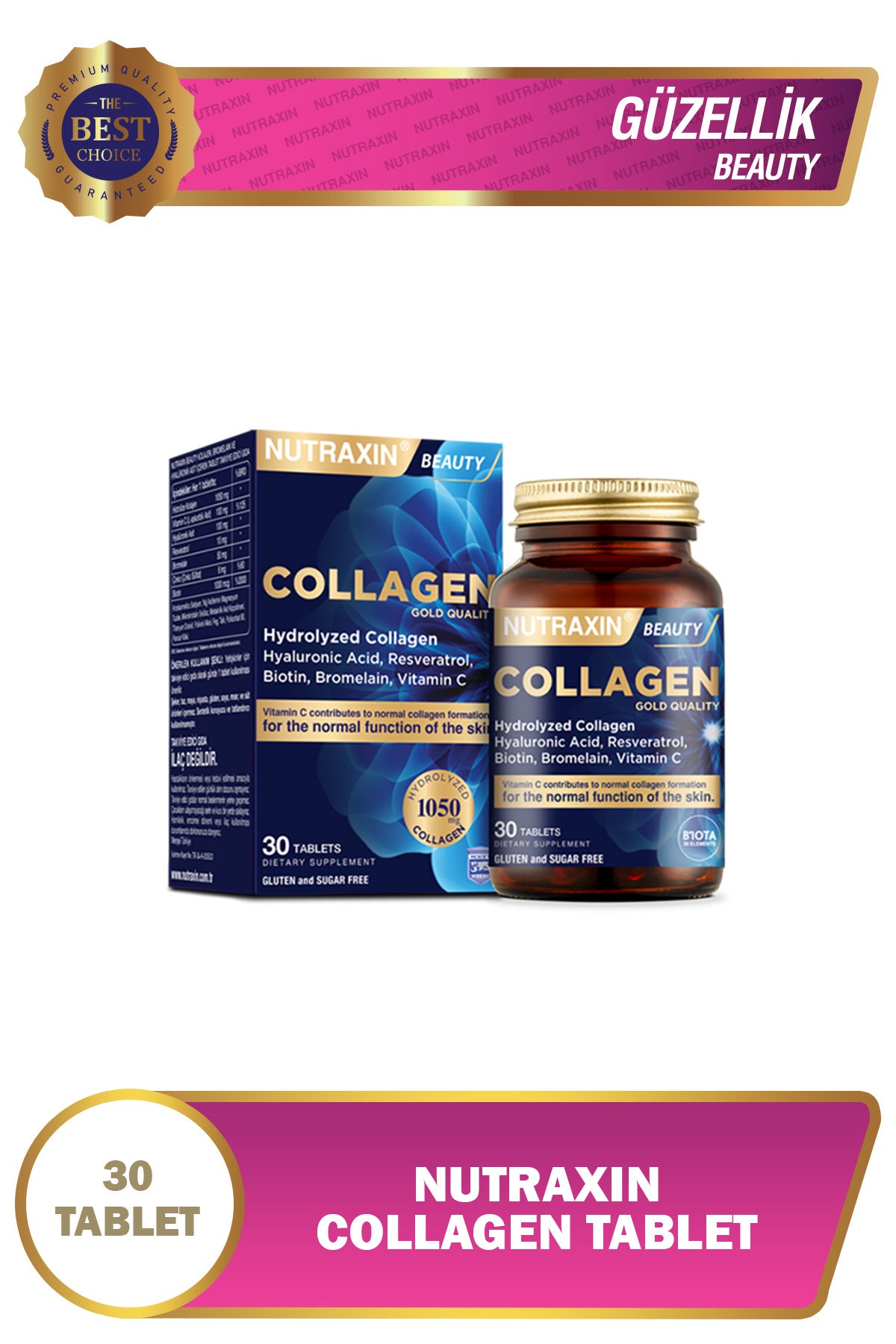 Nutraxin Hydrolyzed Collagen 1050mg Tablets provide a comprehensive beauty-focused formula combining Type I and Type III Bovine Collagen with Resveratrol, Hyaluronic Acid, Bromelain, Biotin, and Zinc.