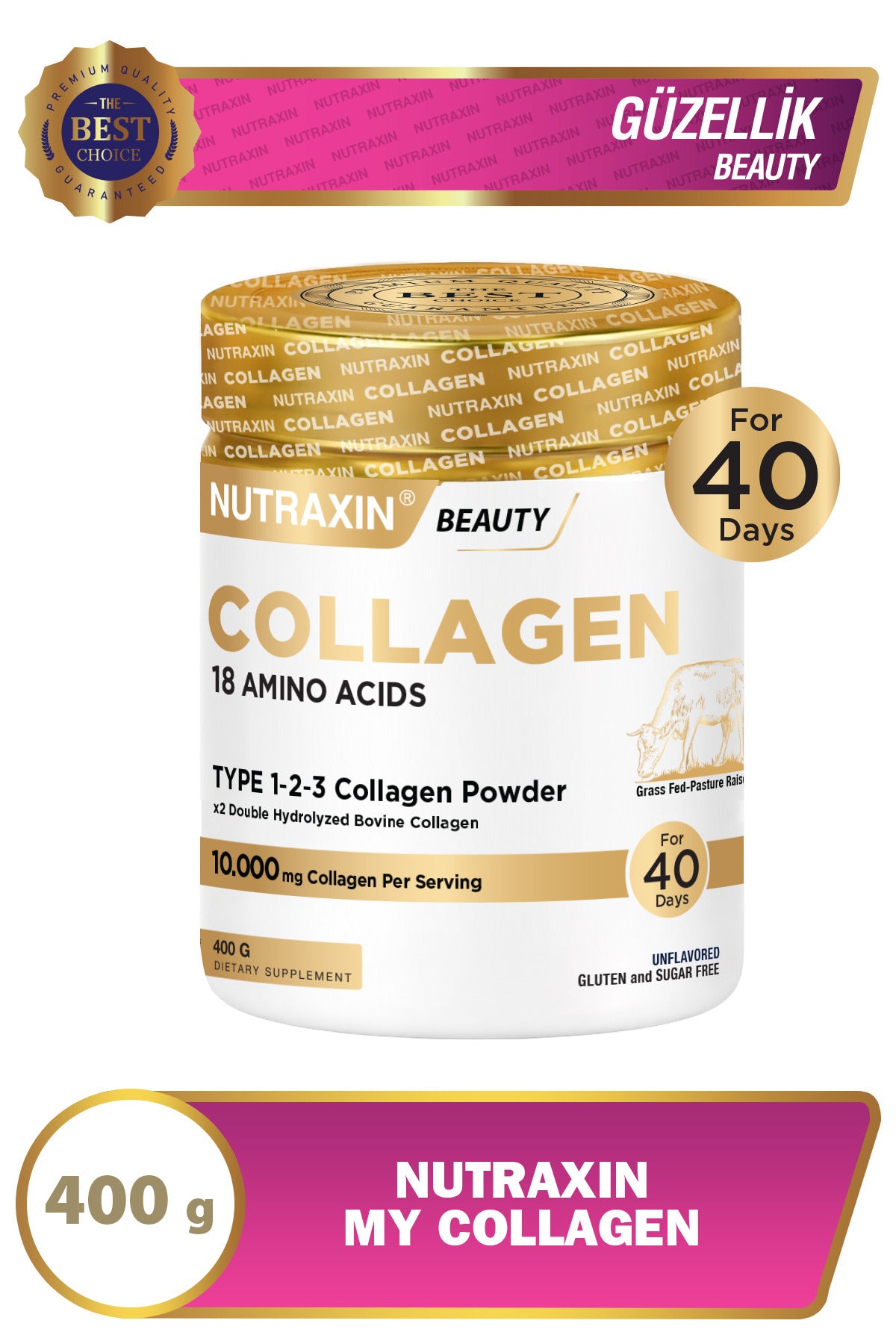 Nutraxin My Collagen Type 1, Type 2, and Type 3 is a comprehensive collagen formula providing three essential collagen types in one unflavored powder.