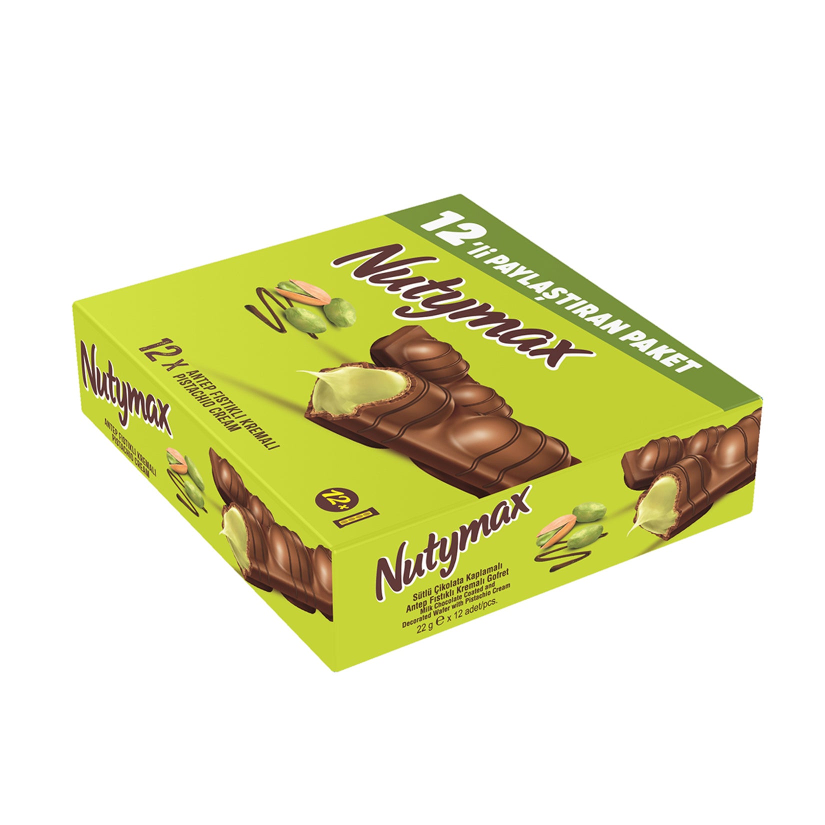 Experience the rich taste of Nutymax Pistachio Wafer Bars, a delicious fusion of creamy pistachio filling, smooth milk chocolate, and crispy wafer layers.