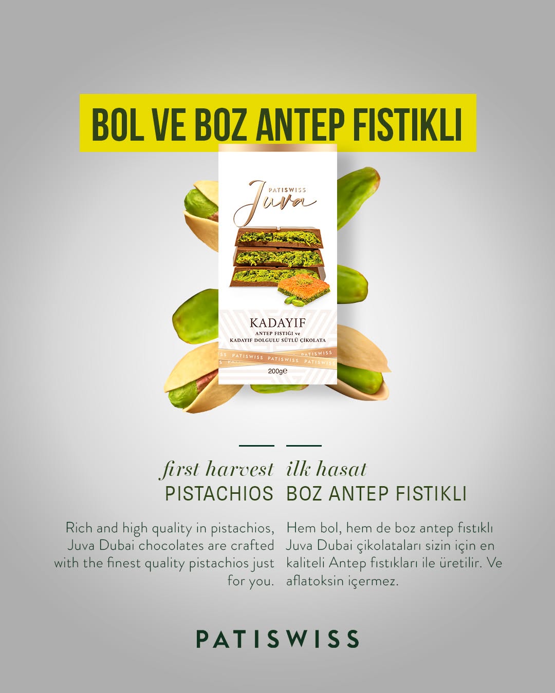 Patislove Patiswiss Juva Luxury Premium Dubai Chocolate- Viral Knafeh Chocolate with Pistachio and Kadayif 7 oz (200g)