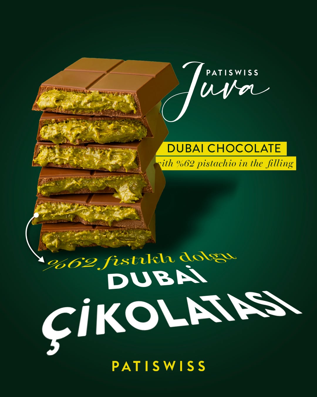 Patislove Patiswiss Juva Luxury Premium Dubai Chocolate- Viral Knafeh Chocolate with Pistachio and Kadayif 7 oz (200g)