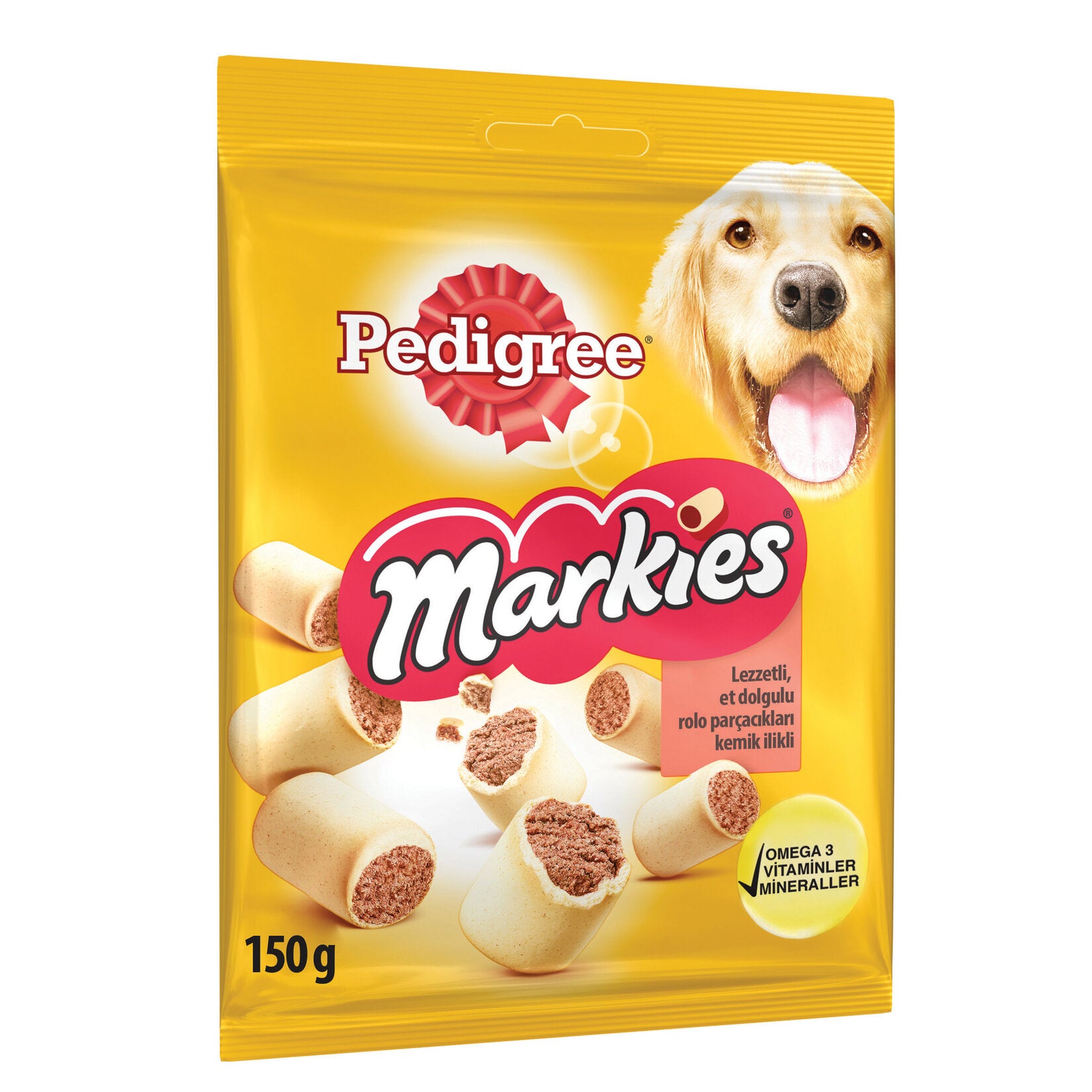 Pedigree Markies Dog Treat 150 g is a flavorful snack designed to reward and delight your dog.
