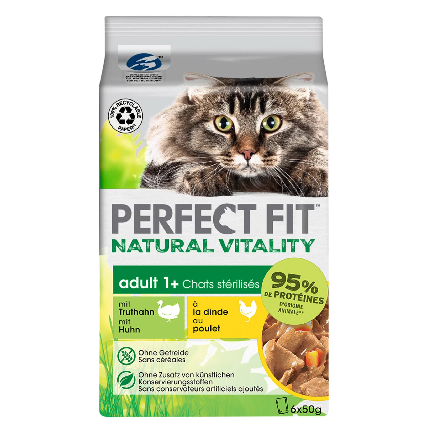 Perfect Fit Adult Mini Wet Cat Food Turkey & Chicken is a complete and balanced wet food specially developed for adult cats.