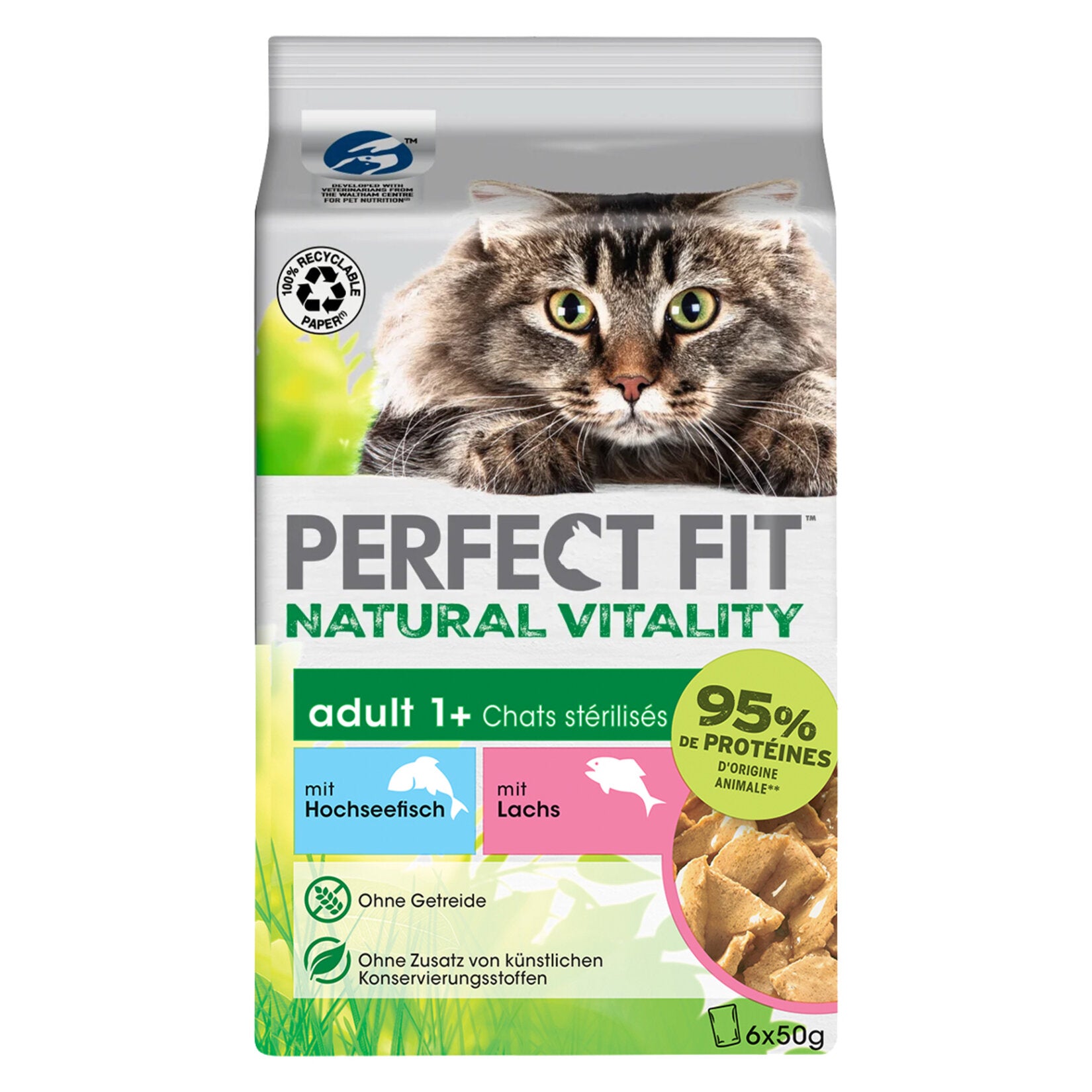 Perfect Fit Adult Wet Cat Food Fish & Salmon is specially formulated for adult cats, offering balanced daily nutrition in convenient 50 g mini pouches.