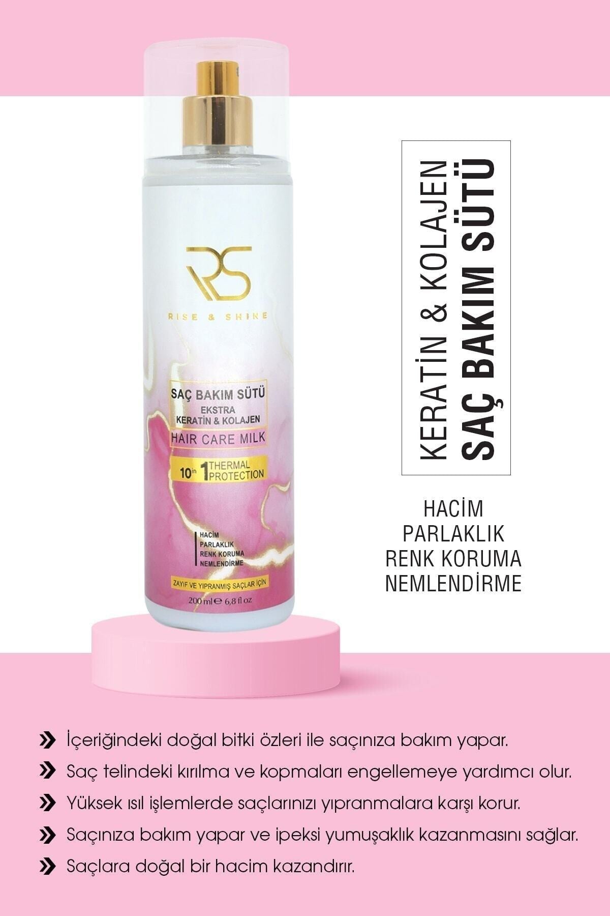 rise and shine Keratin Collagen Hair Care Milk is a lightweight leave-in spray designed to support stronger, smoother, and healthier-looking hair.